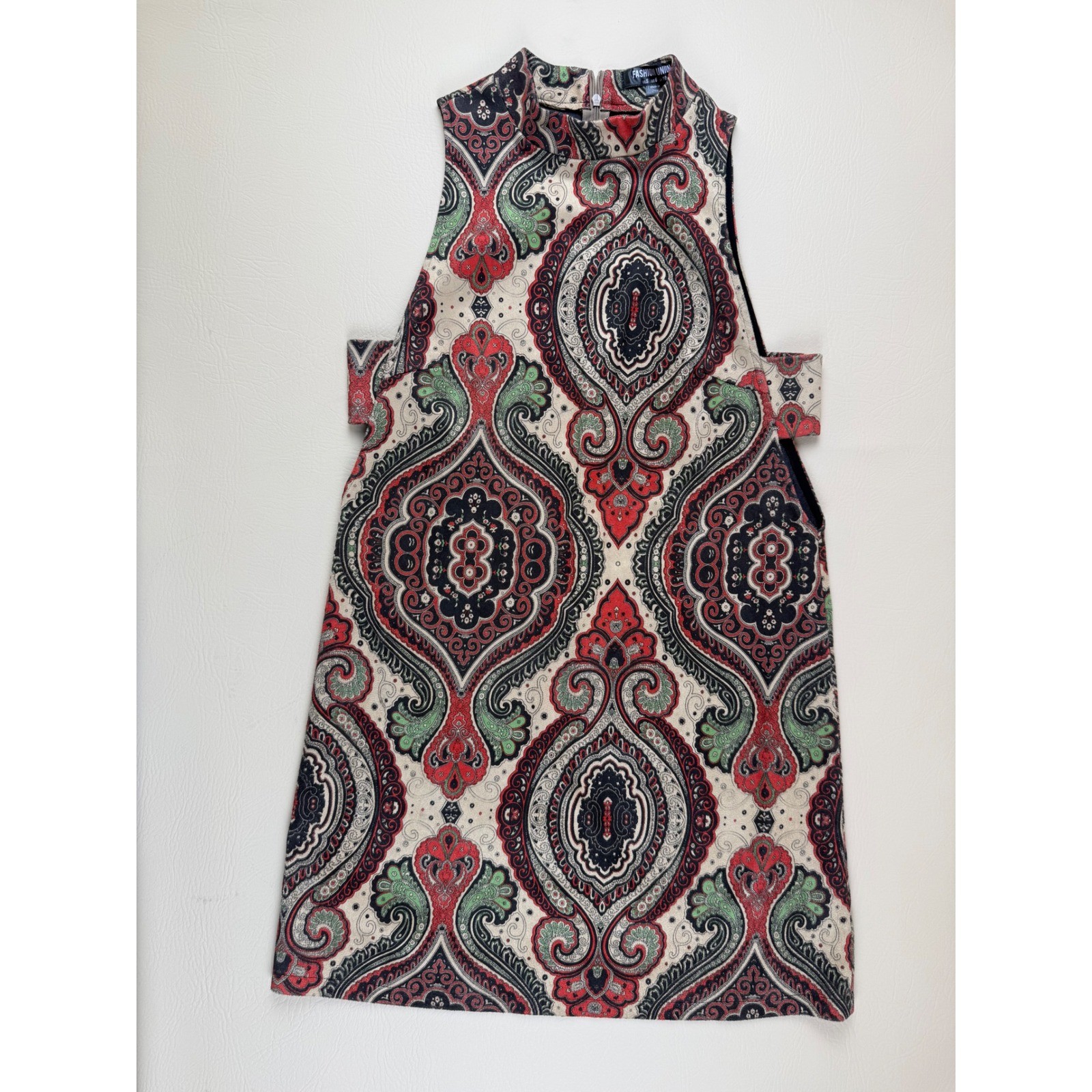 Boho Retro Paisley Mini Dress Mock Neck Side Straps Size S Fashion Union