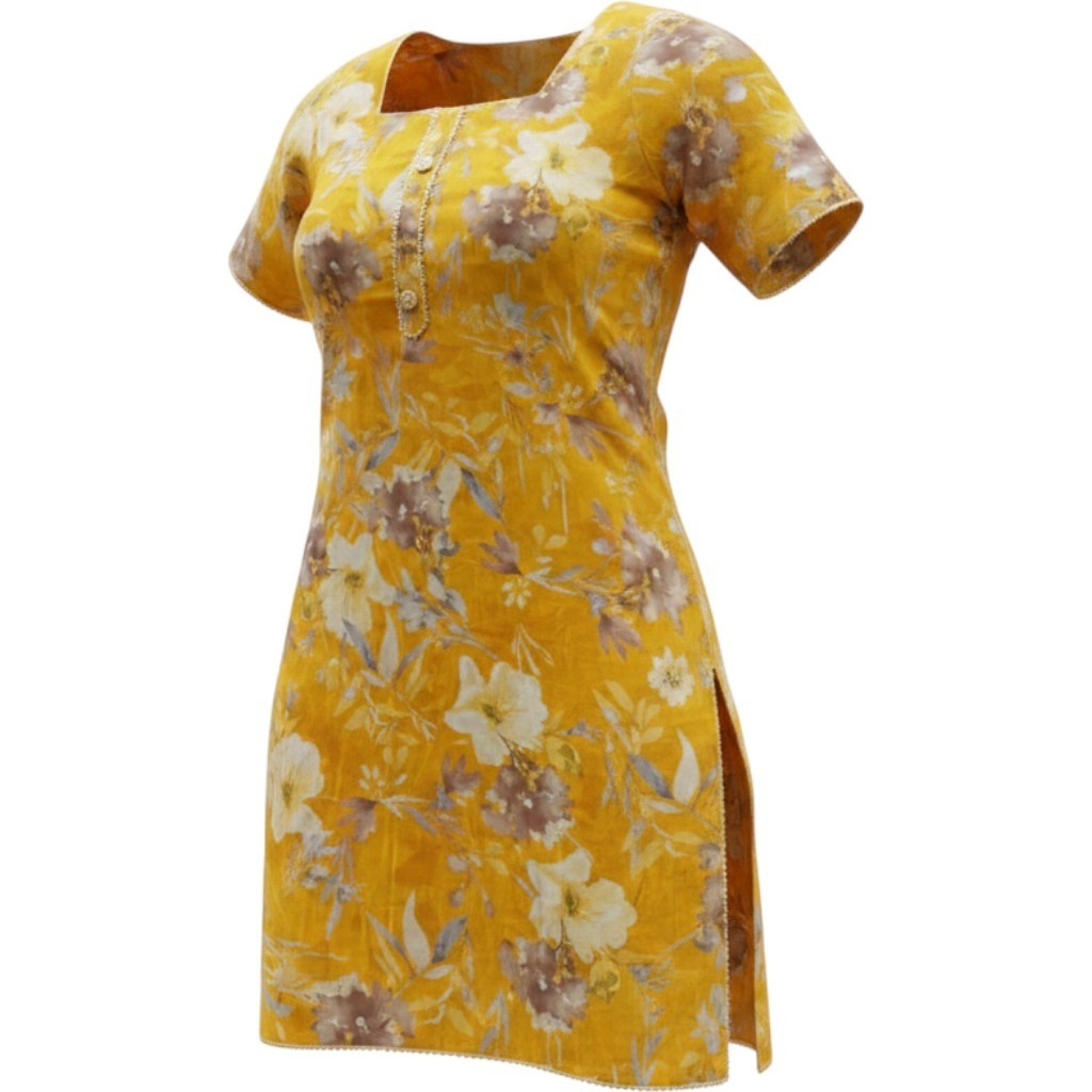 Mustard Yellow Floral Kurti Tunic with Matching Scarf Set Women XL 46 Chest