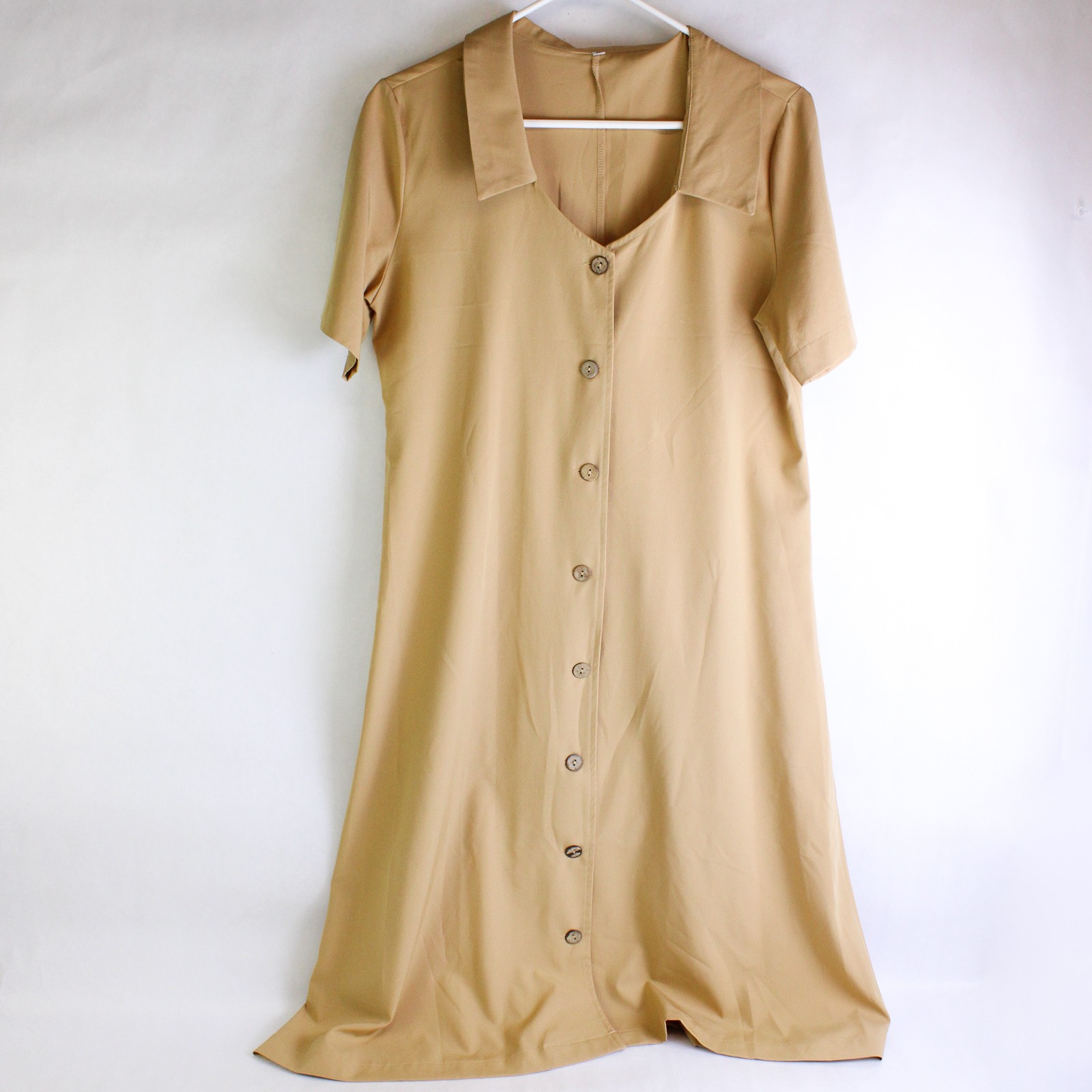 Unbranded Solid Khaki Color Button Up Short Sleeve Dress Women’s Size Medium