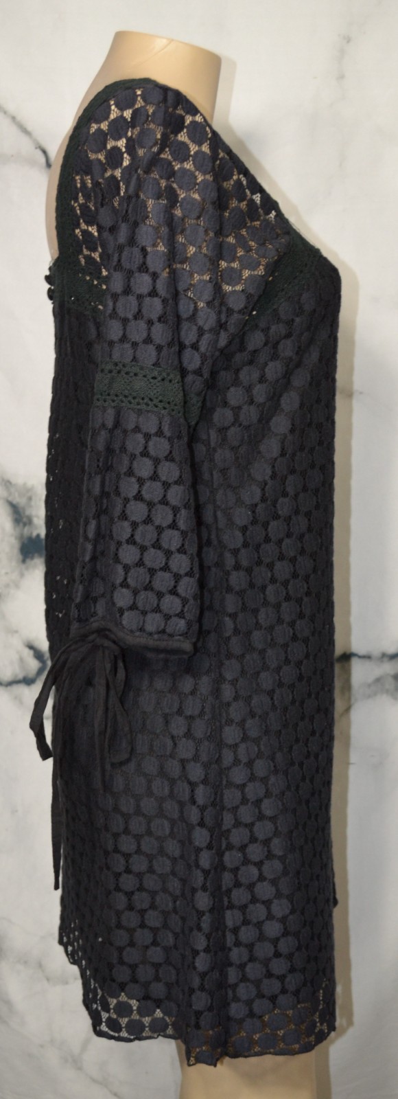 SOLITAIRE Black Circle Lace Square Neck Dress Large 3/4 Tied Cuff Sleeves Lined