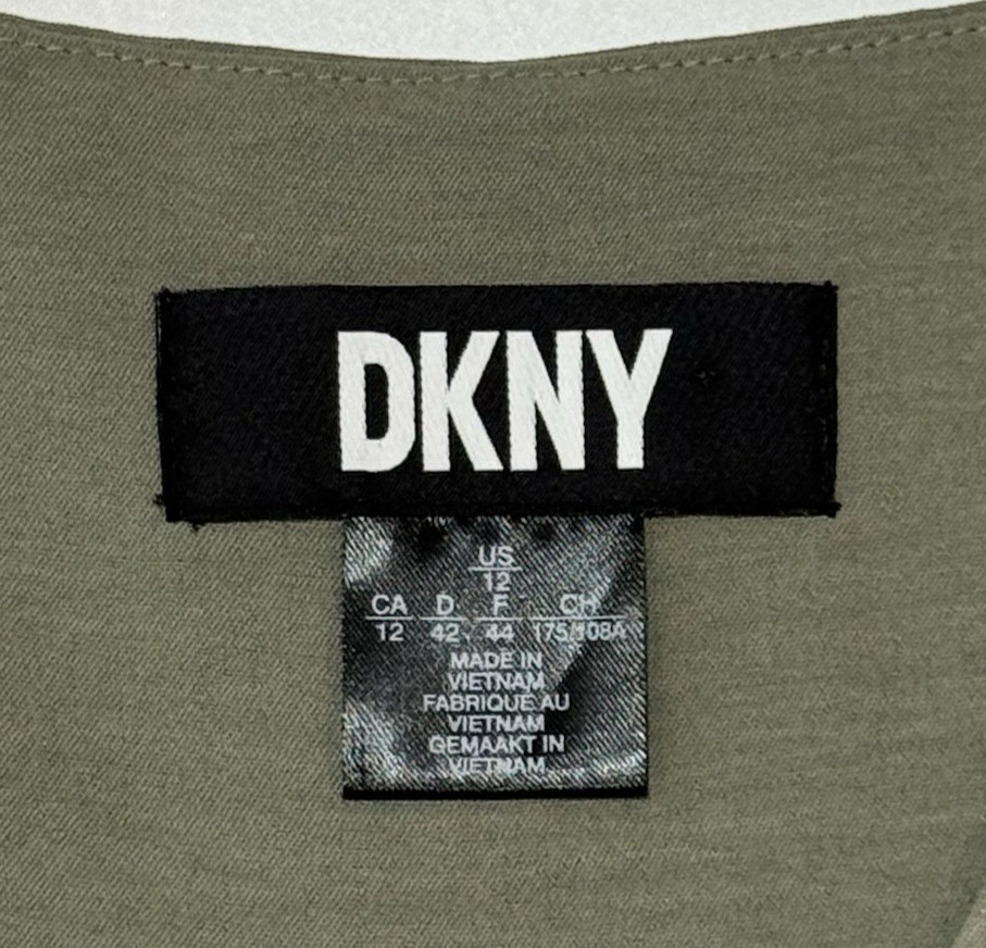 DKNY Sleeveless Button Front Belted Dress Pockets Olive Green Women’s 12 Utility
