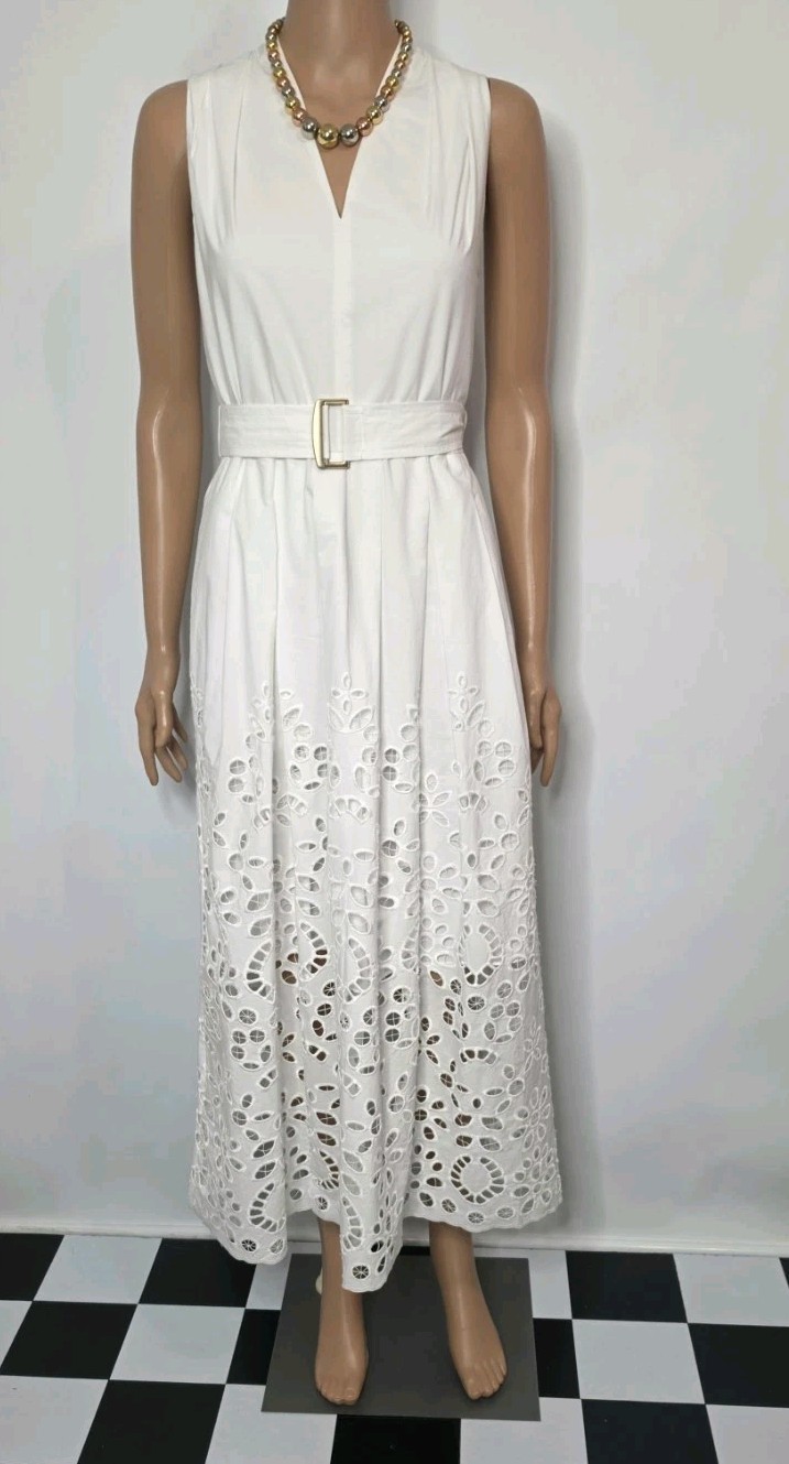 NWOT White House Black Market WHBM White Floral Eyelet Midi Dress Size 6 Belted