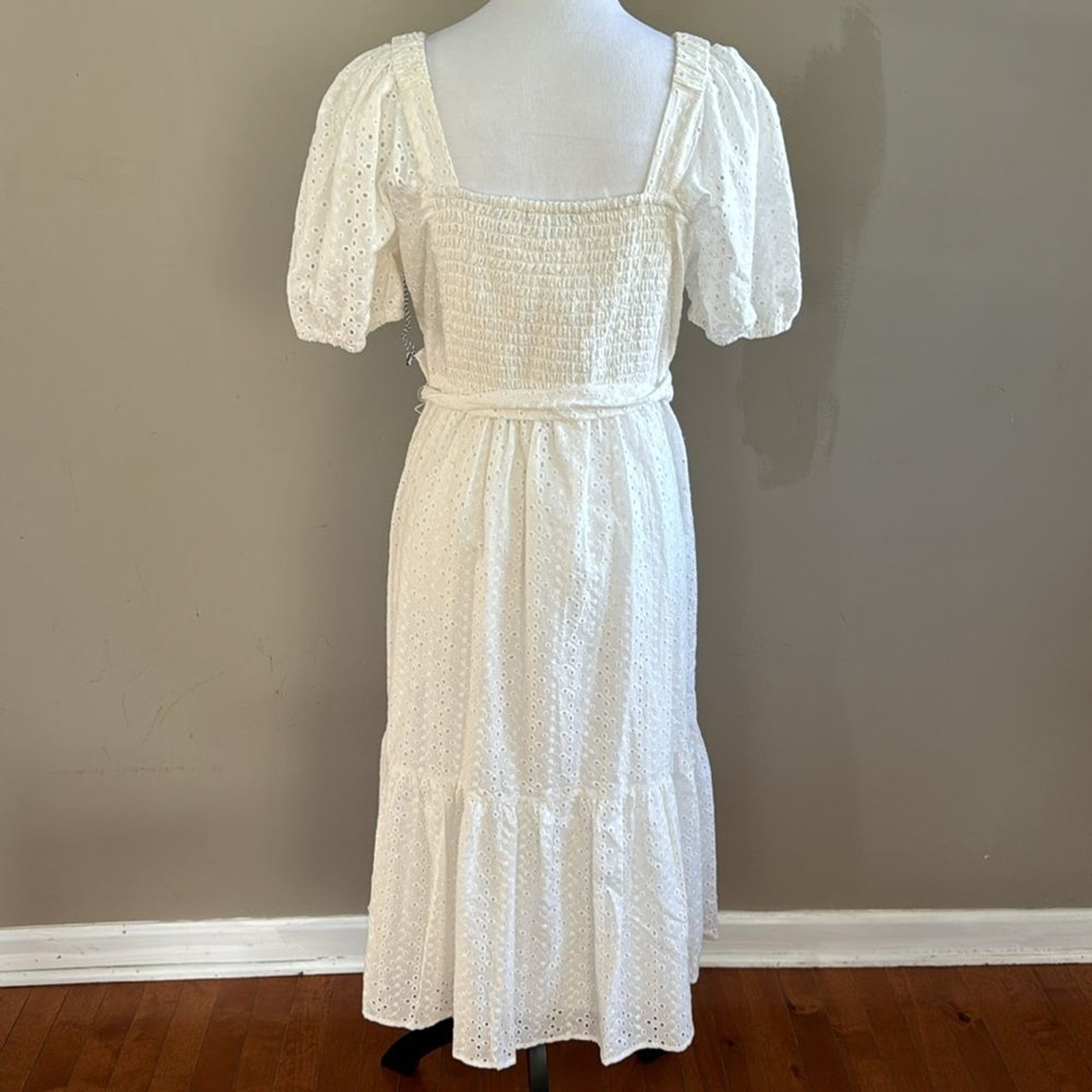 Draper James RSVP Eyelet Squareneck White Tiered Hem Midi Dress Size L