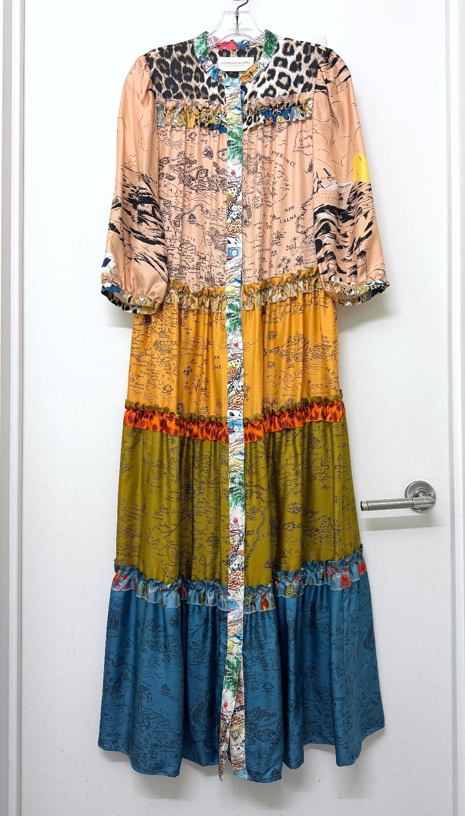 La Prestic Ouiston Flore Map Carte Silk Maxi Dress Tiered Patchwork Panther 0