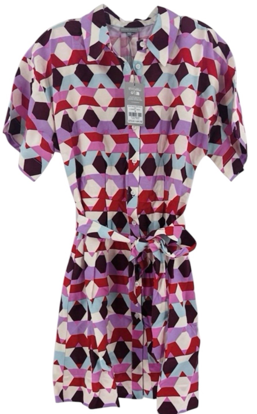 NWT Oliver Bonas Geometric Mini Shirt Dress 4 Tie Waist Belted Viscose