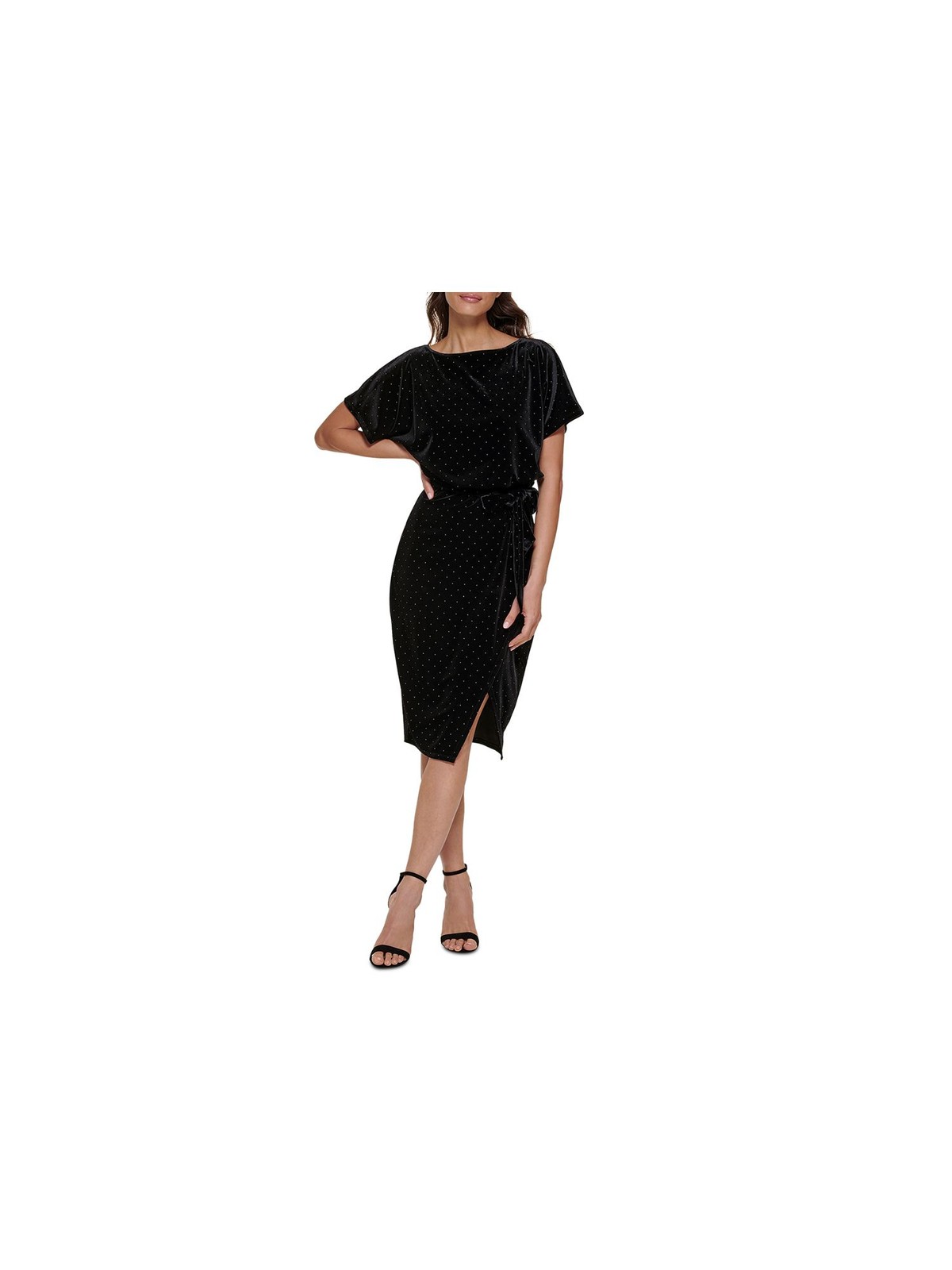 KENSIE DRESSES Womens Black Belted Studded Lined Short Sleeve Sheath Dress XS