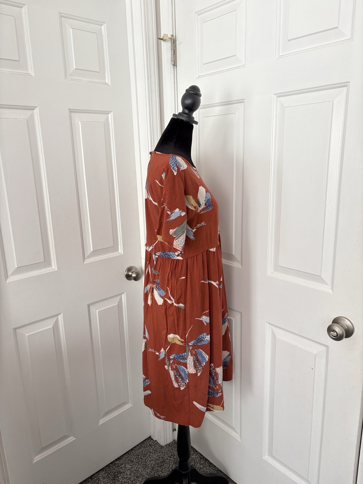 DownEast Rust Floral Midi Dress with Blue & Cream Accents