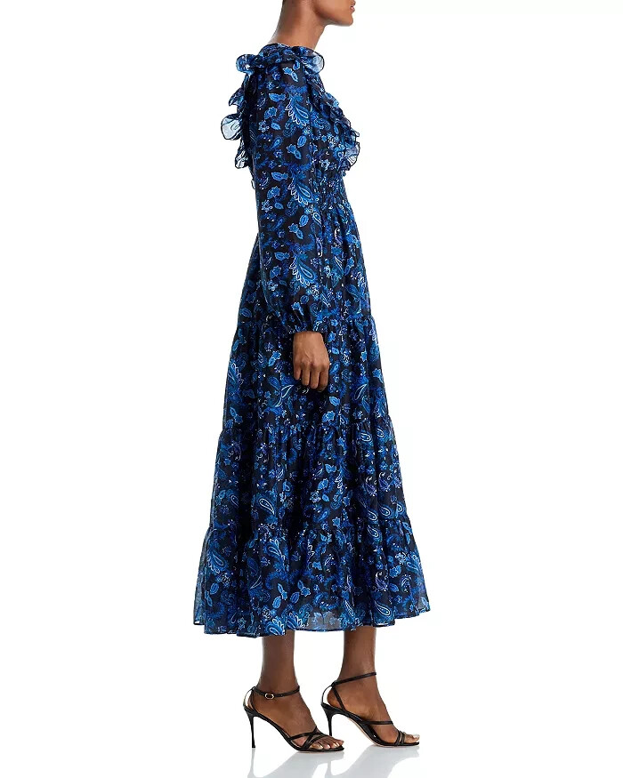 Aqua Blue/Black Paisley Print Tiered Maxi Dress L82014 Womens Size S