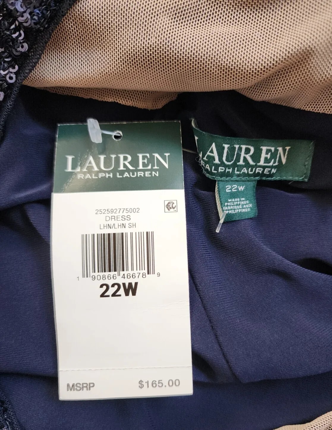 NWT RALPH LAUREN Blue Sequin Round Neck Side Gathered Sleeveless Dress 22W $165