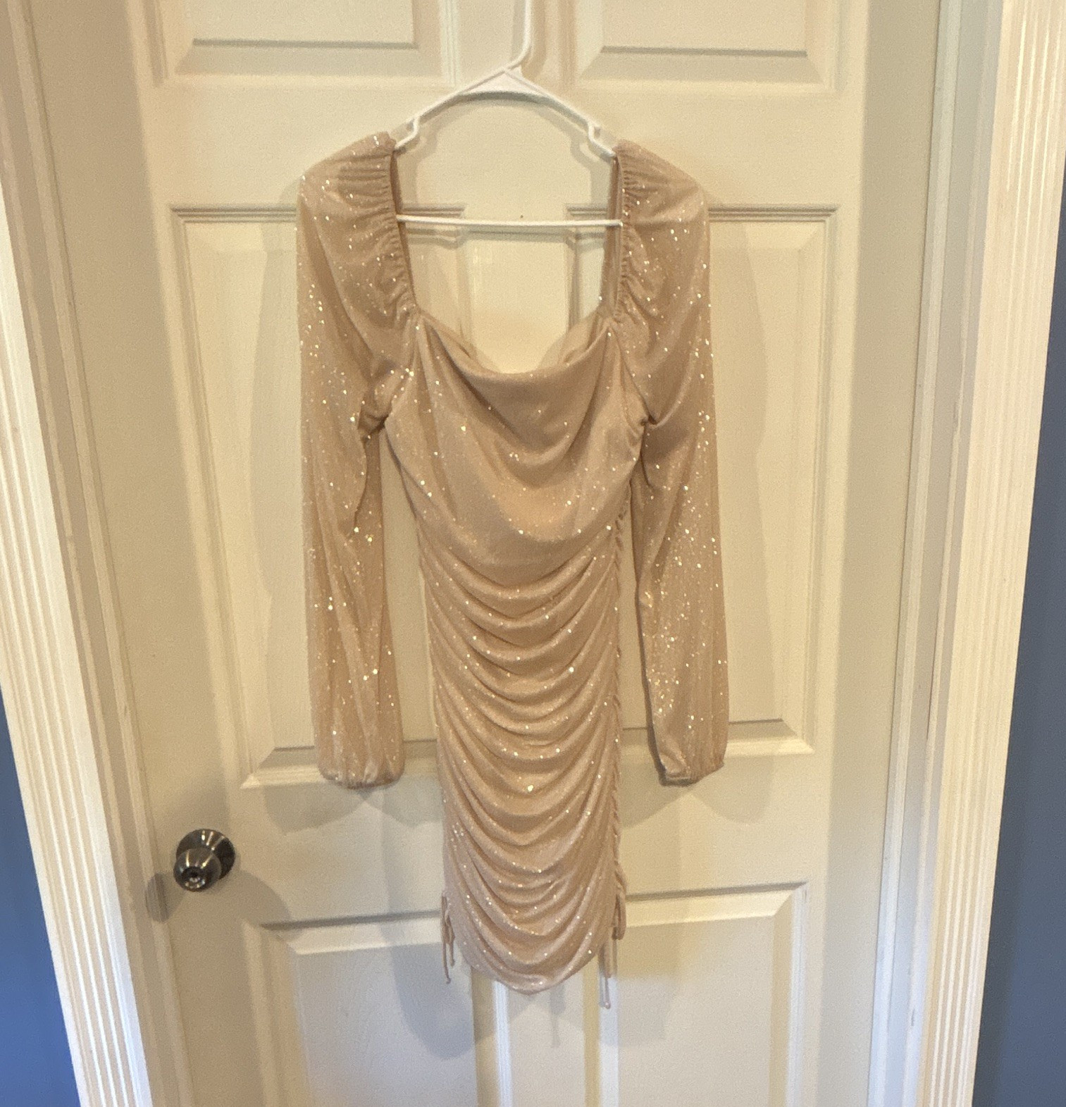 Jump Apparel Beige Glitter Mesh Ruched Cowl Neck Long Sleeve Bodycon Mini L