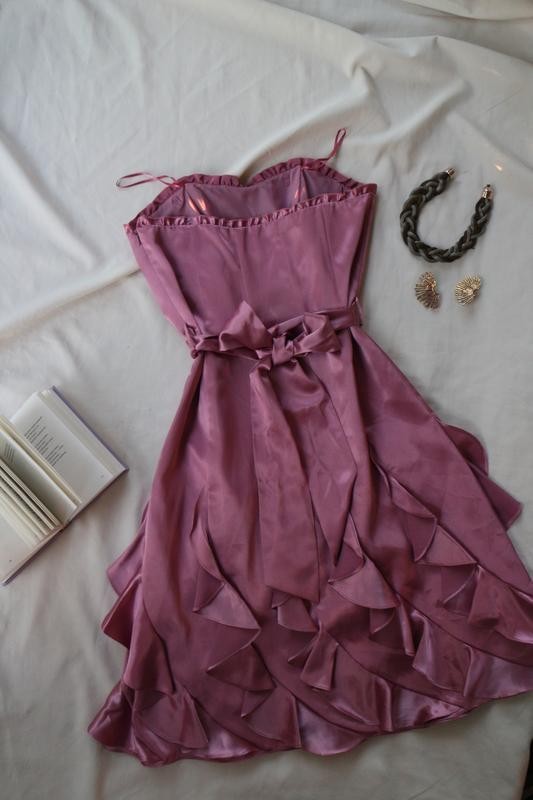 Next Pink Satin Strapless Ruffle Cocktail Sheath Midi Dress UK 12 US 8