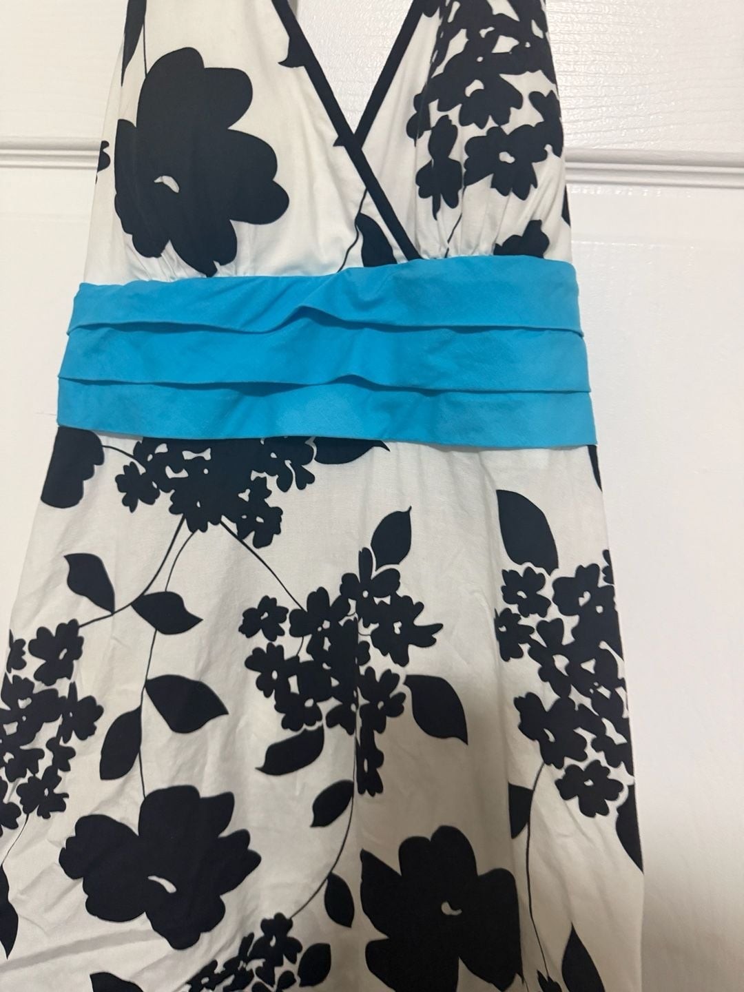 Trixxi Juniors Black and White Floral Print Halter Dress with Teal Sash