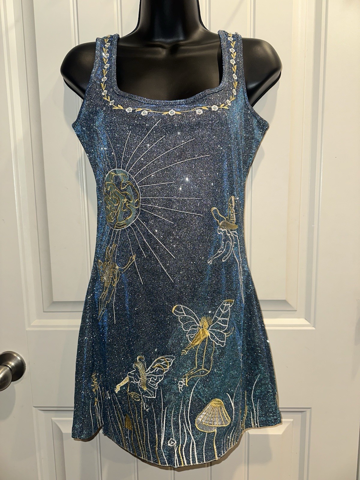 Blue Glitter Embroidered Fairy Sleeveless Mini Dress Polyester Elastane Fantasy