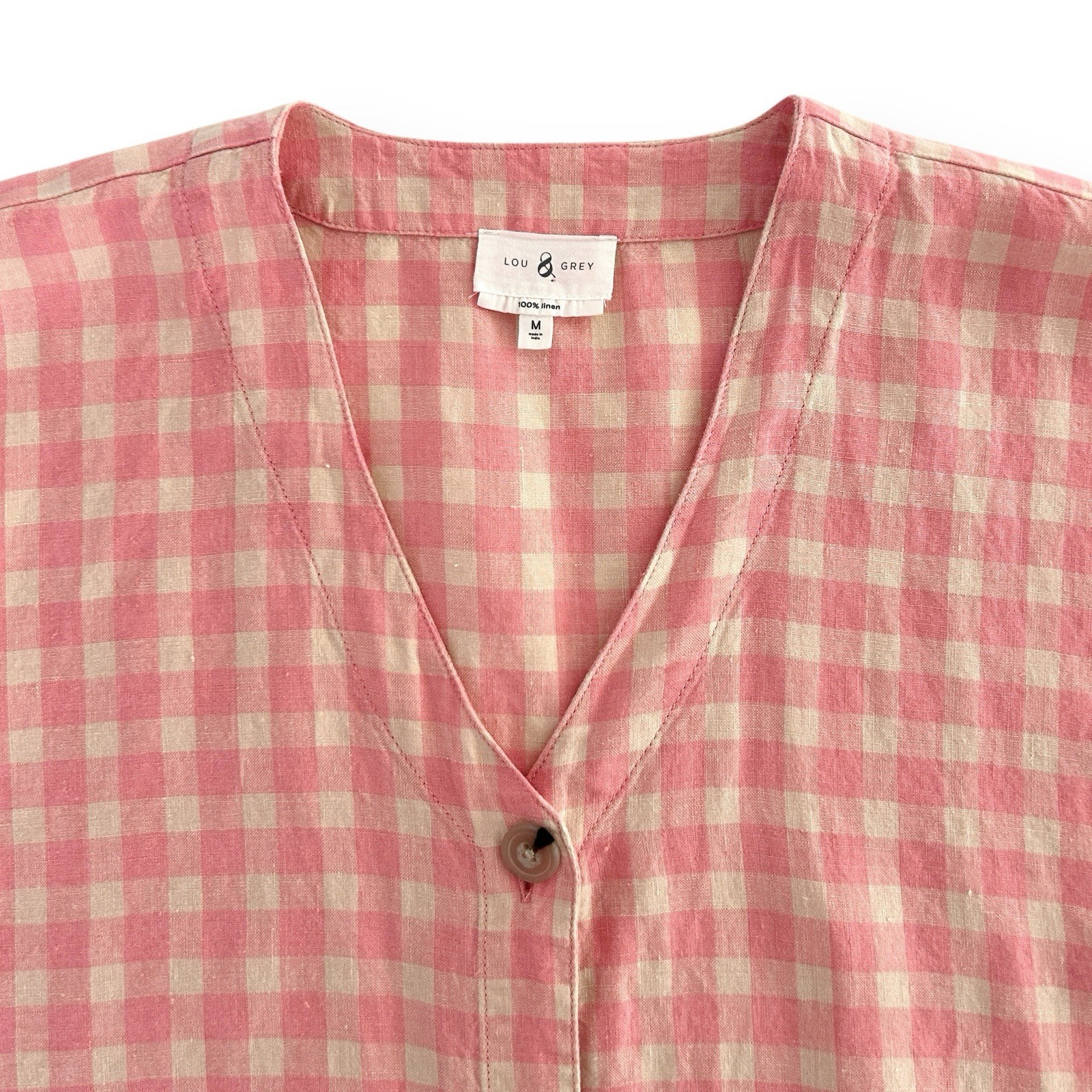 Lou & Grey Medium Pink Ivory Multi 100% Linen Gingham Button Front Dress NWOT