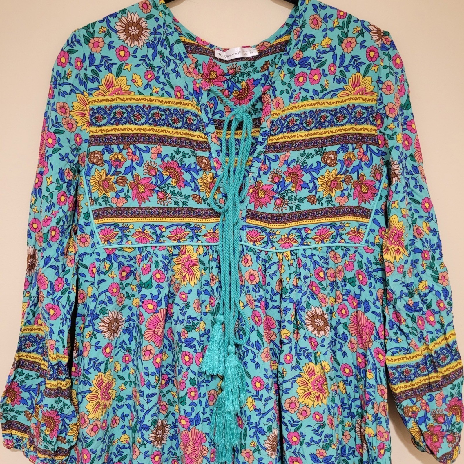 R Vivimos Turquoise Prarie Floral Print Maxi Dress boho Hippie Cottagecore Sz S