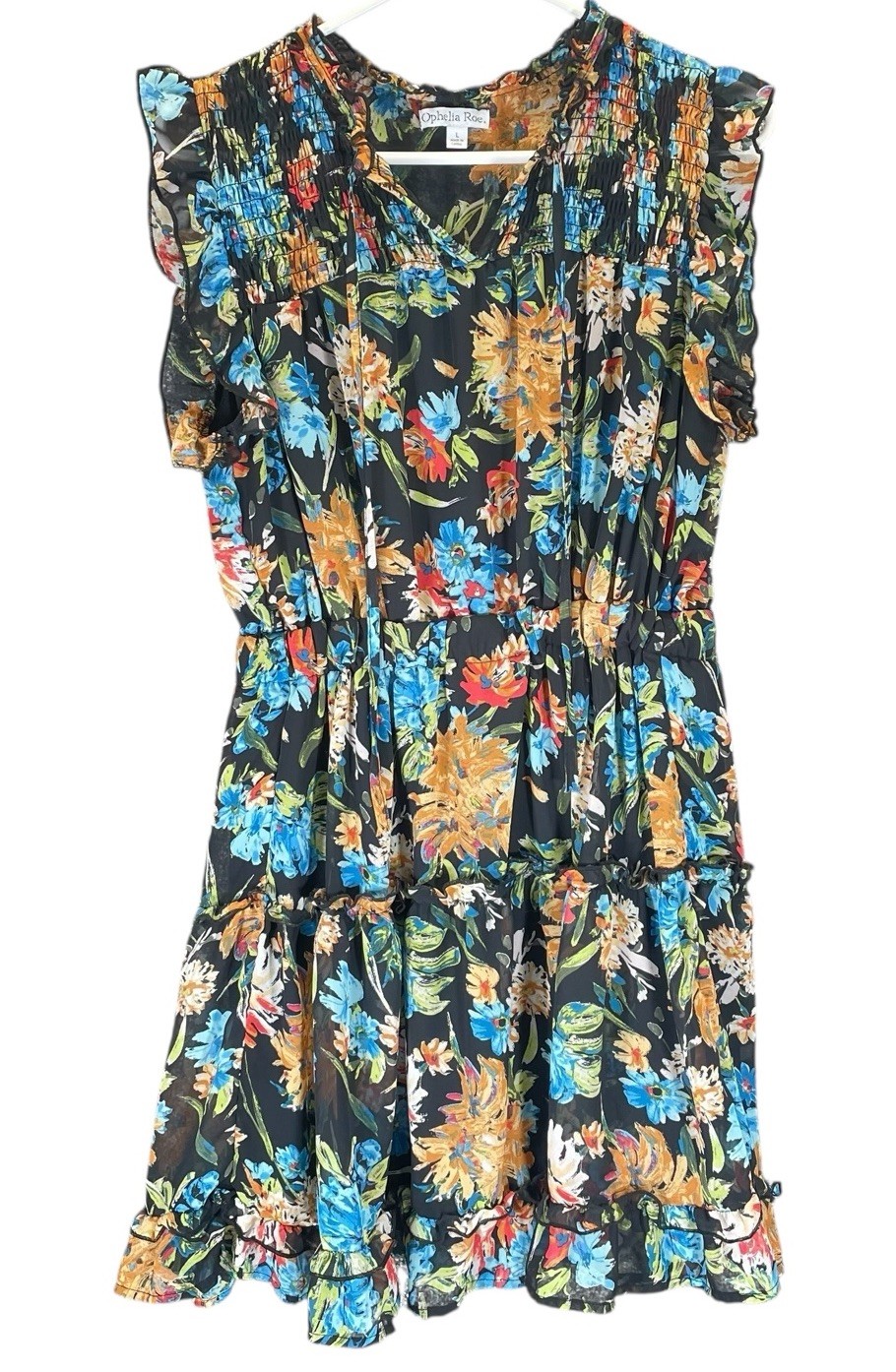Ophelia Roe Dress Womens L Black Blue Floral Lined Ruffle Cottagecore Boho