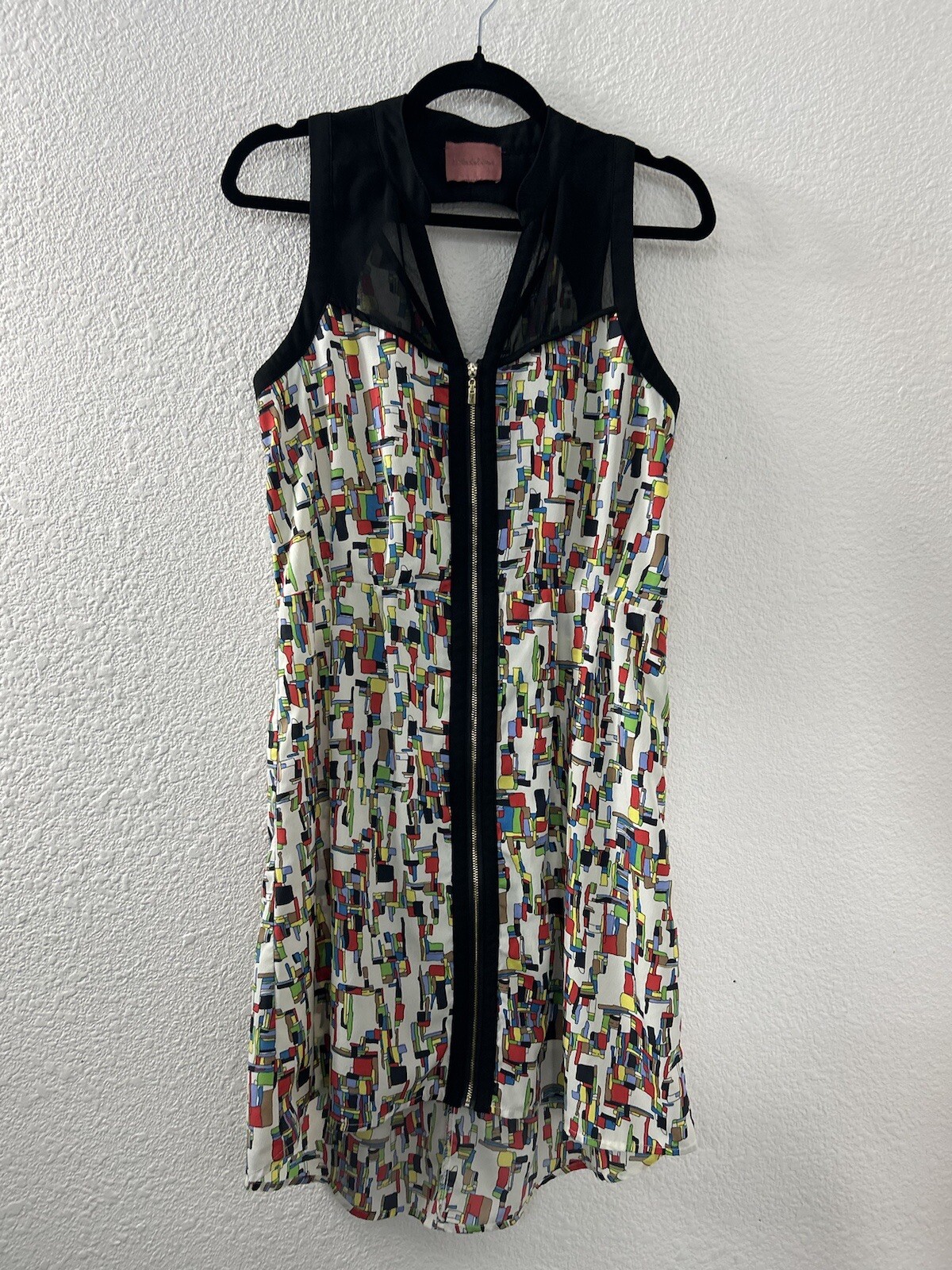 I. Madeline Womens Geometric Casual Full Zip Sleeveless Dress Sz M V-neck Hi Low