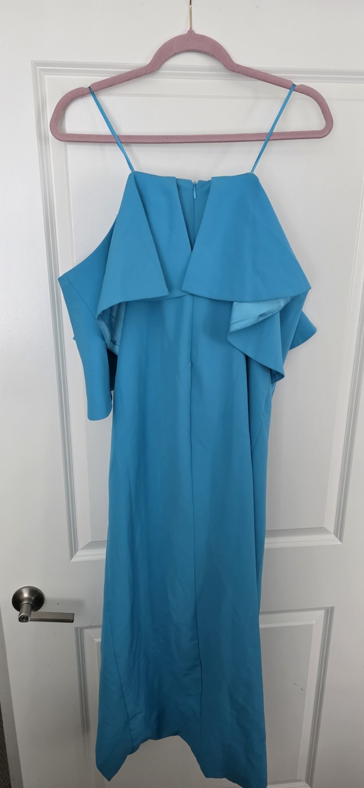 Jewel Badgley Mischka Cheery Off Shoulder Popover Gown Slit Wrap Turquoise sz 6