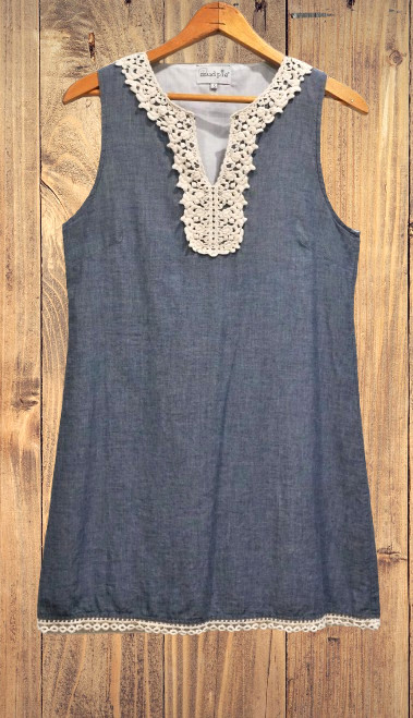 Mud Pie Chambray Crochet Trim Comfy Cotton Sleeveless Lined Dress Size Small