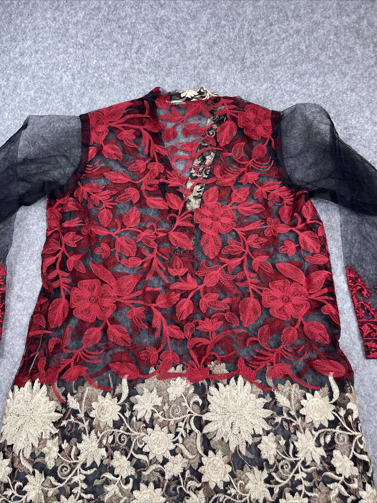 AghaNoor Sheer Overlay Dress Small Embroidered Lace Floral Whimsy Goth Boho Art