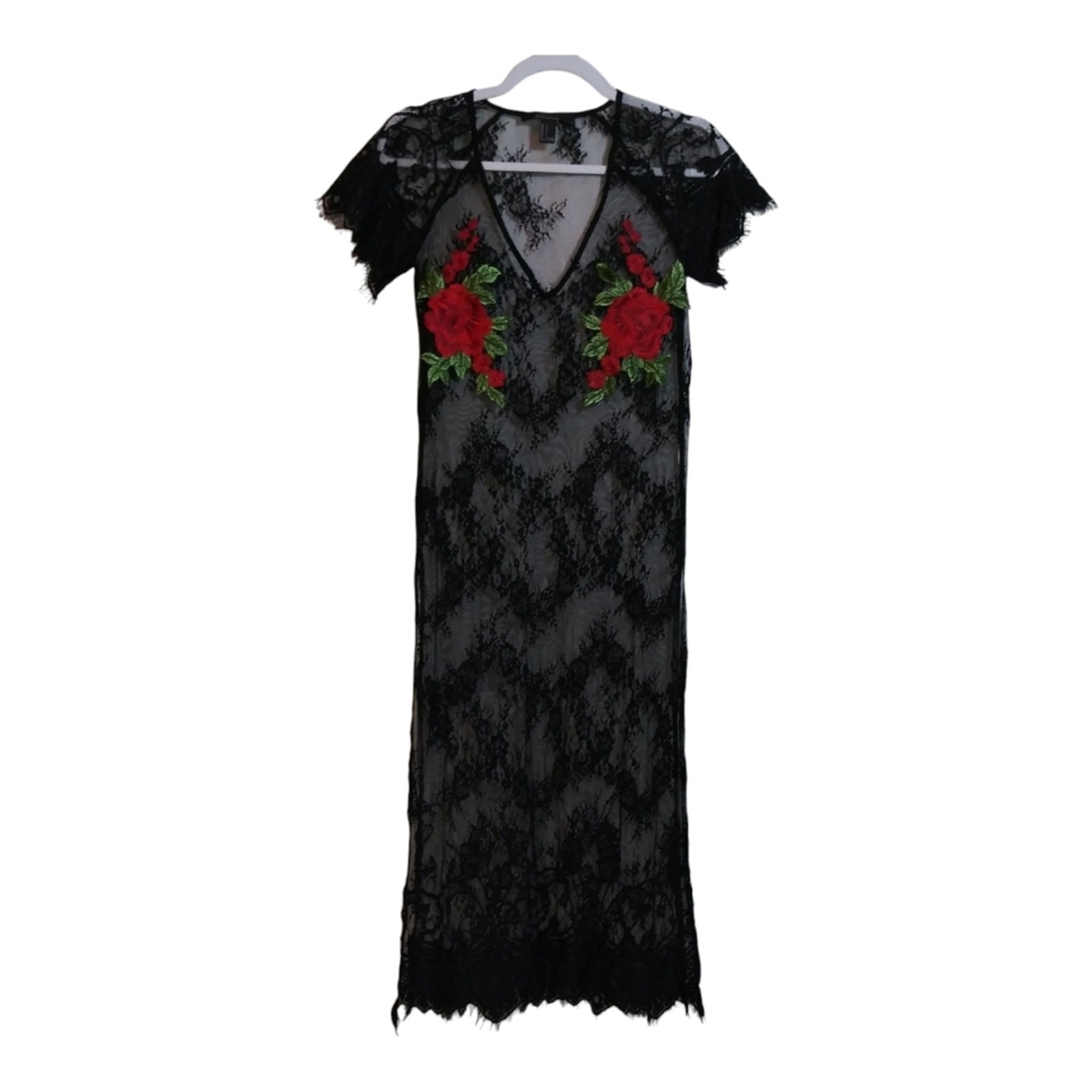 FOREVER 21 Sheer Mesh Midi Dress Whimsigoth Black Lace Pink Floral Applique Sz S