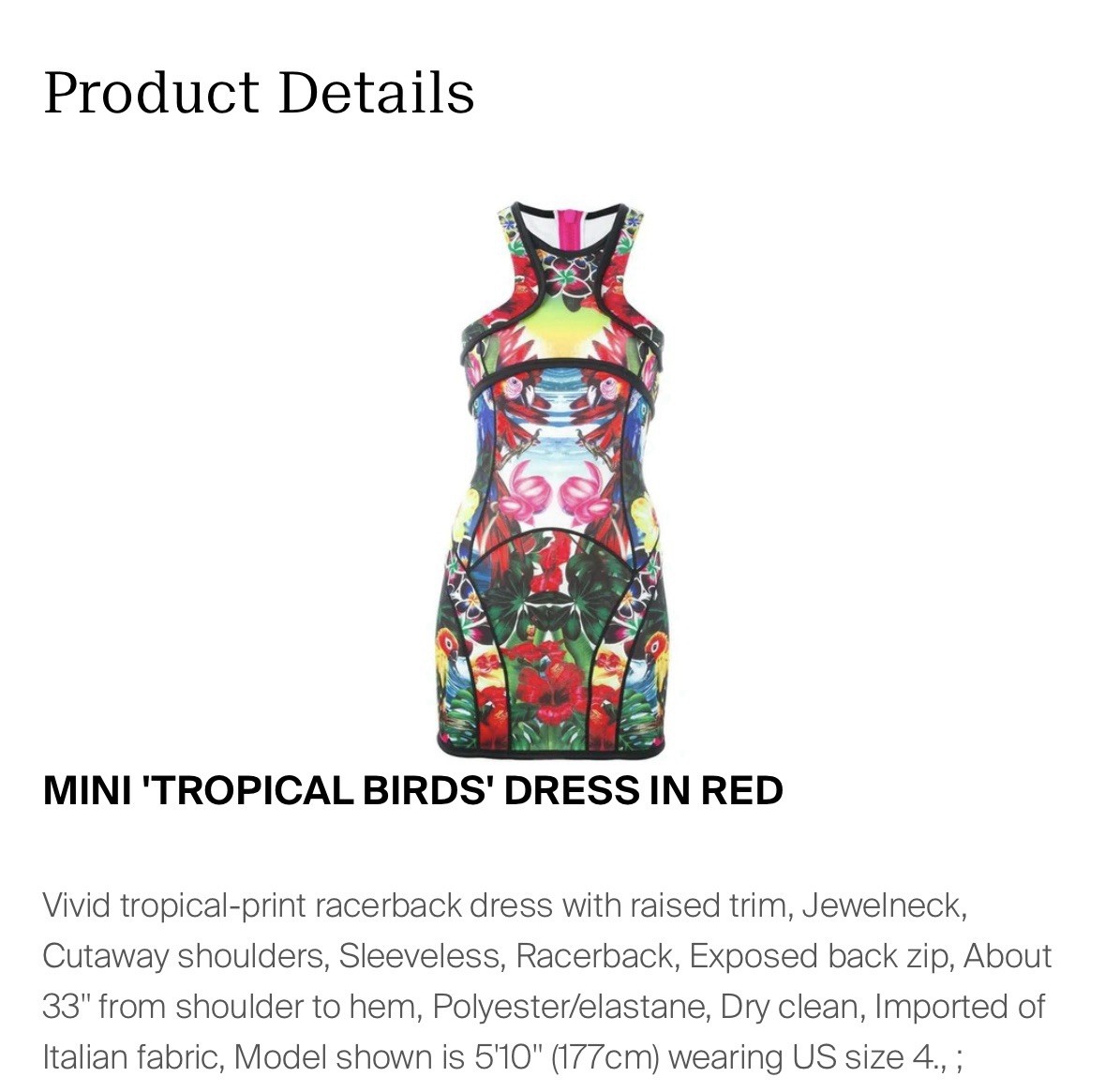 DSQUARED Mini ‘Tropical Birds’ Printed Bodycon Dress Size S Retail $1370