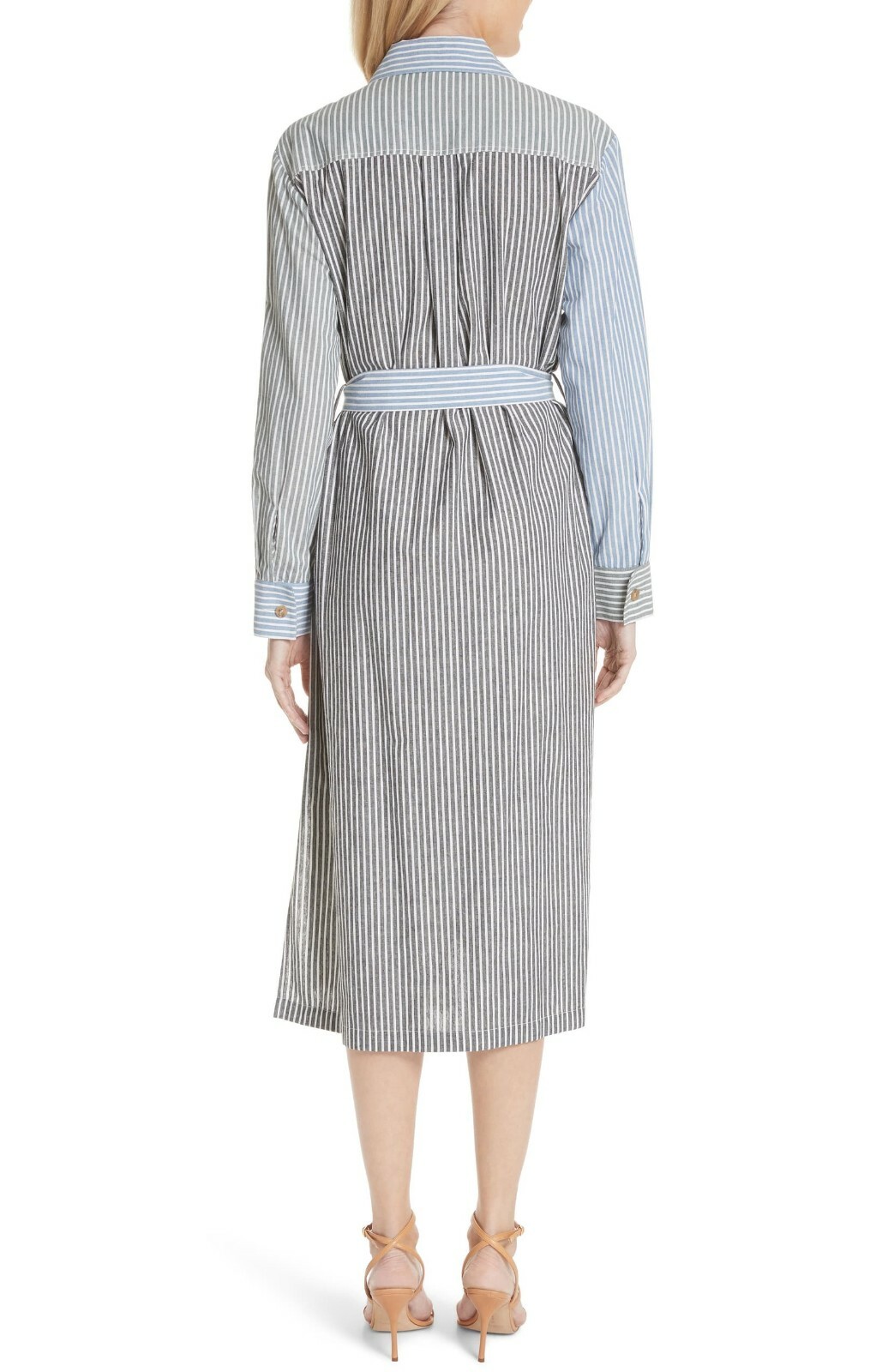 REJINA PYO Black Blue Stripe Asymmetric Tie Waist Cotton Button Shirt Dress M 8