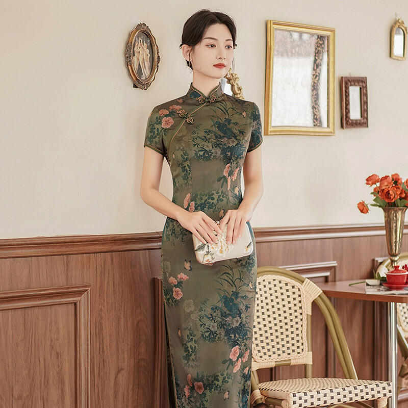 Women Summer Silk Qipao Dress Chinese Traditional Long Cheongsam Festival Gowns