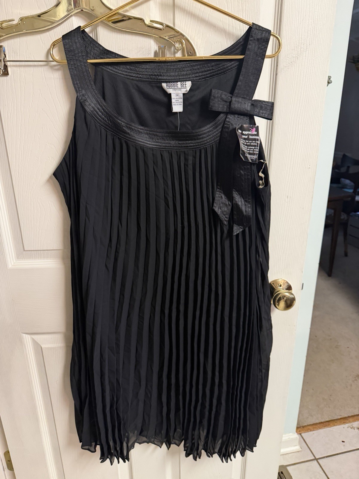 Signature Robbie Bee Black Pleated Flowy Cocktail Dress w Bow Sz 3x Party GoGo