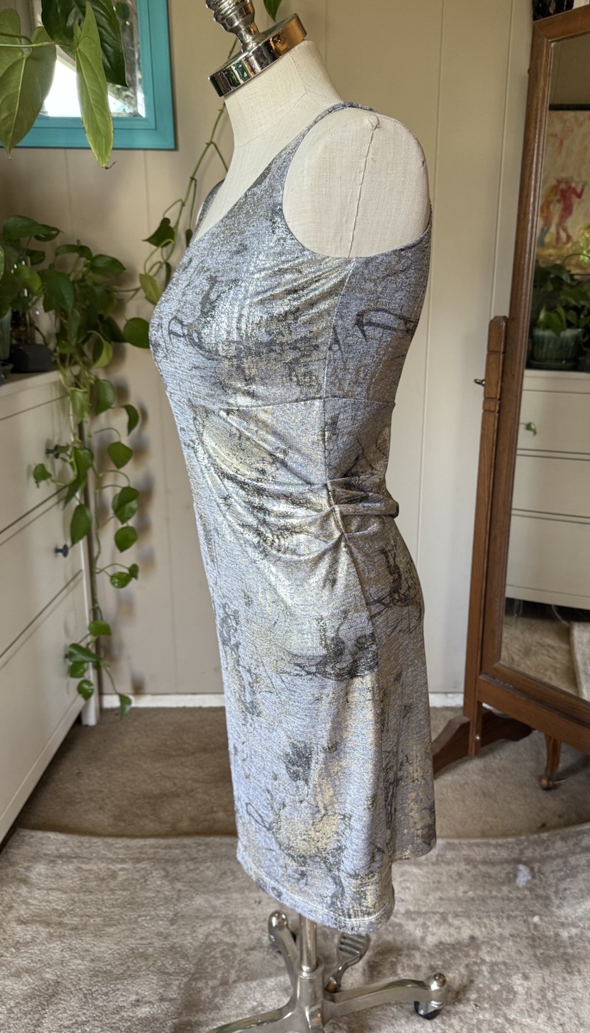 Countess Luann Metallic silver and gold asymmetrical muni Dress, size small