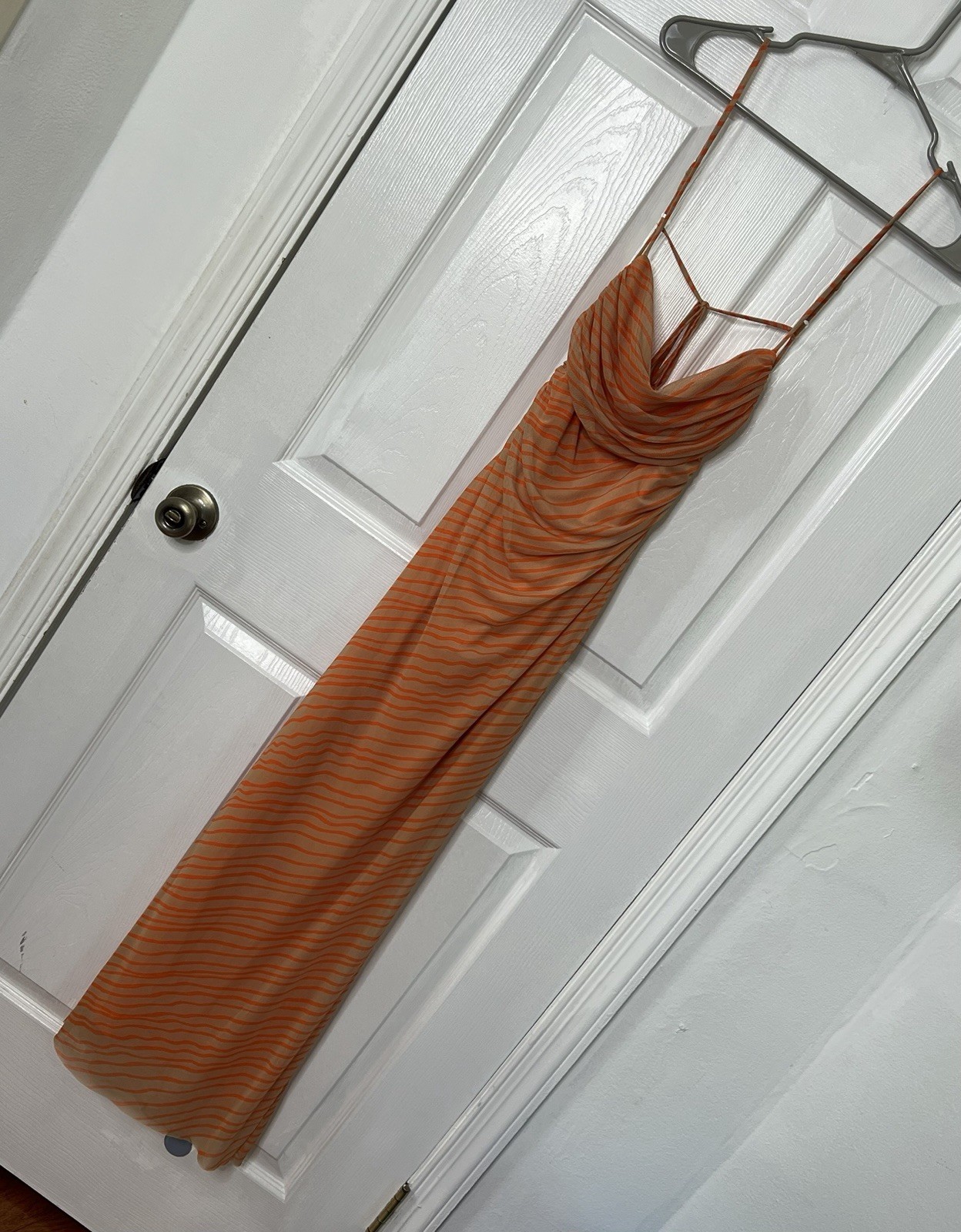 ZARA Orange Striped Mesh Cowl Neck Maxi Dress Sheer Y2K Vacation Resort Party M
