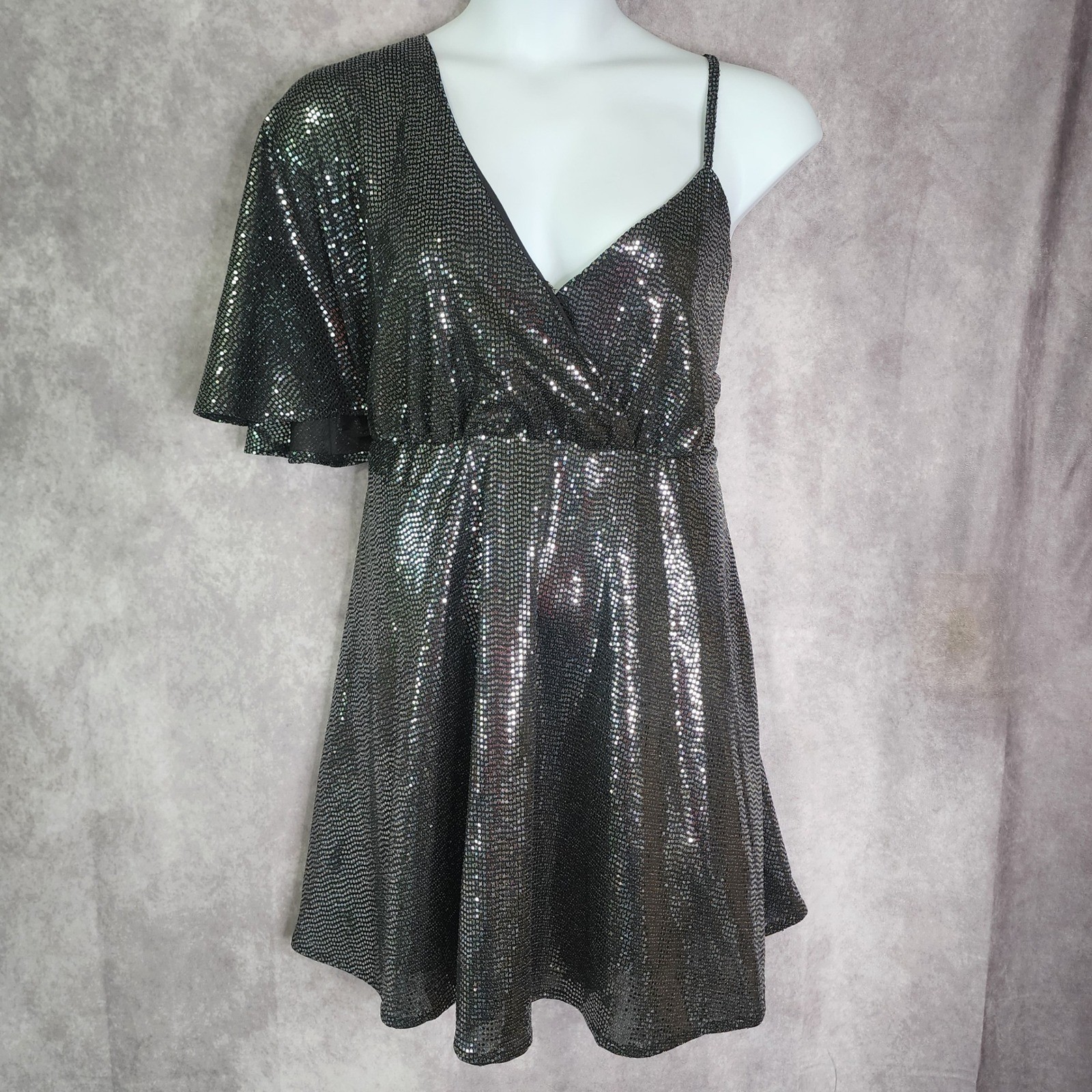 Black Silver Womens Plus Dress 2X Metallic Asymmetrical Party Mini Dress