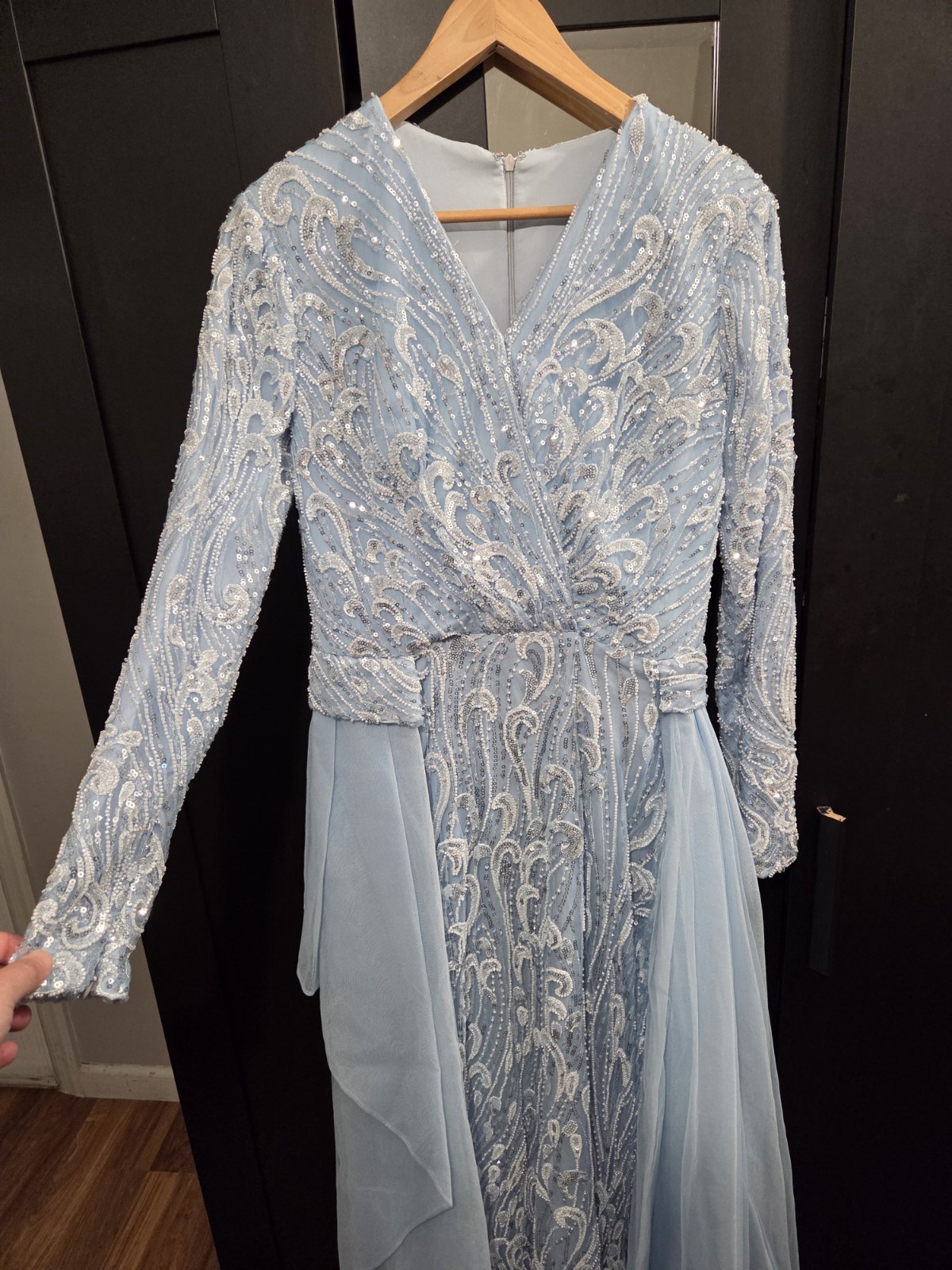 Custommade Blue Sequin Beaded Gown Long Sleeve V-Neck Mesh Lined Zip Size 12
