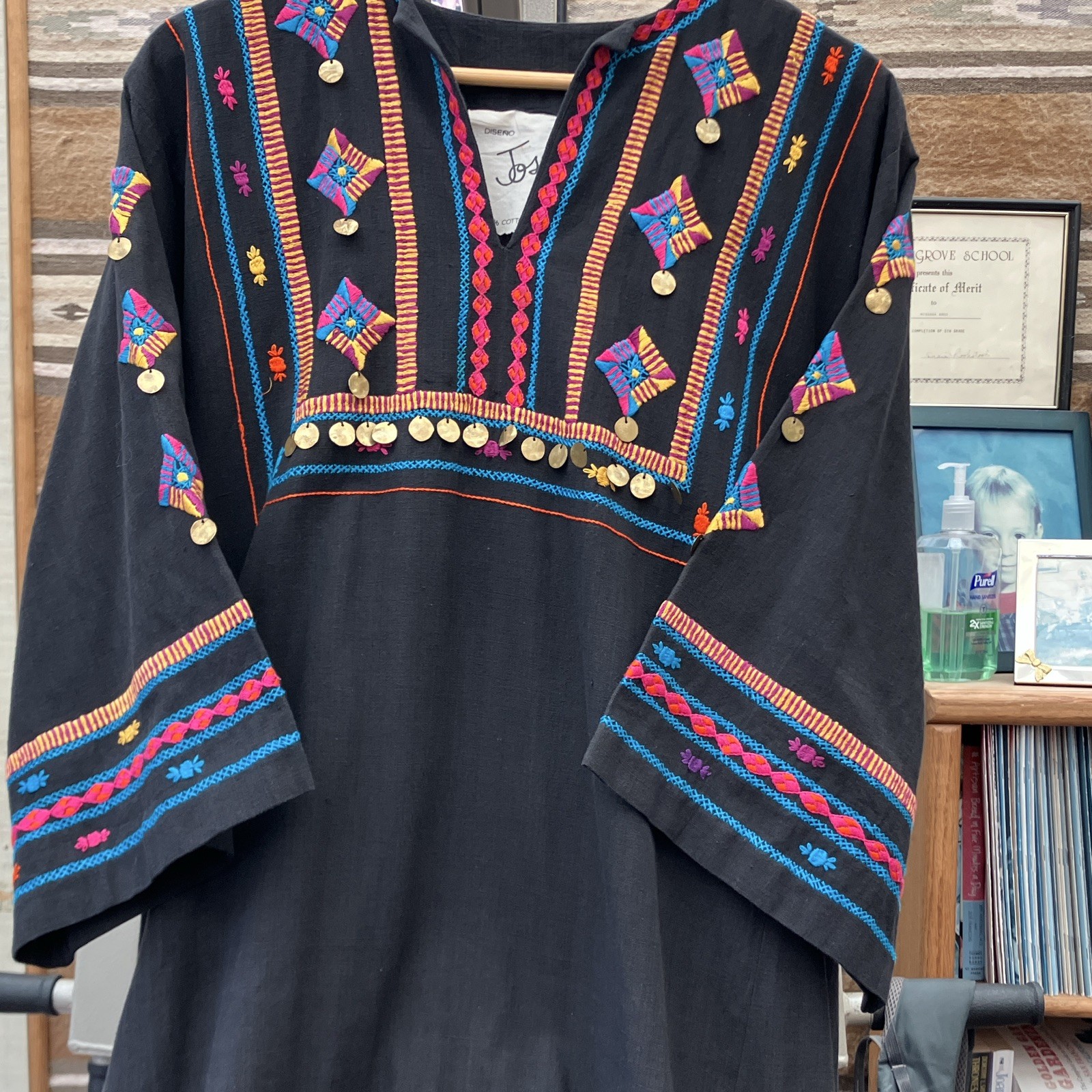 Diseño Josefa Black Maxi Dress V-Neck 3/4 Sleeve Embroidered Coin Cotton XL