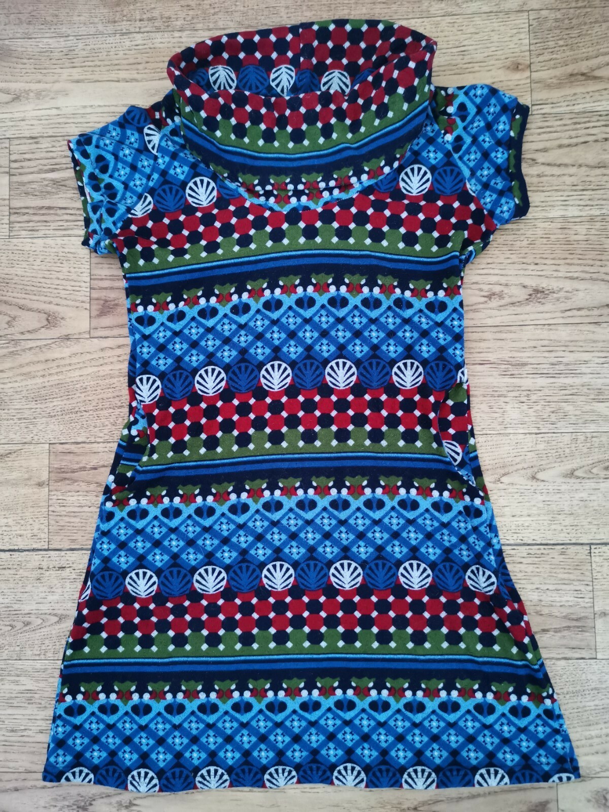 💙Ladies Blue Khaki Red PATTERN MICROFLEECE DRESS with COWL NECK UK Size 10-12💙