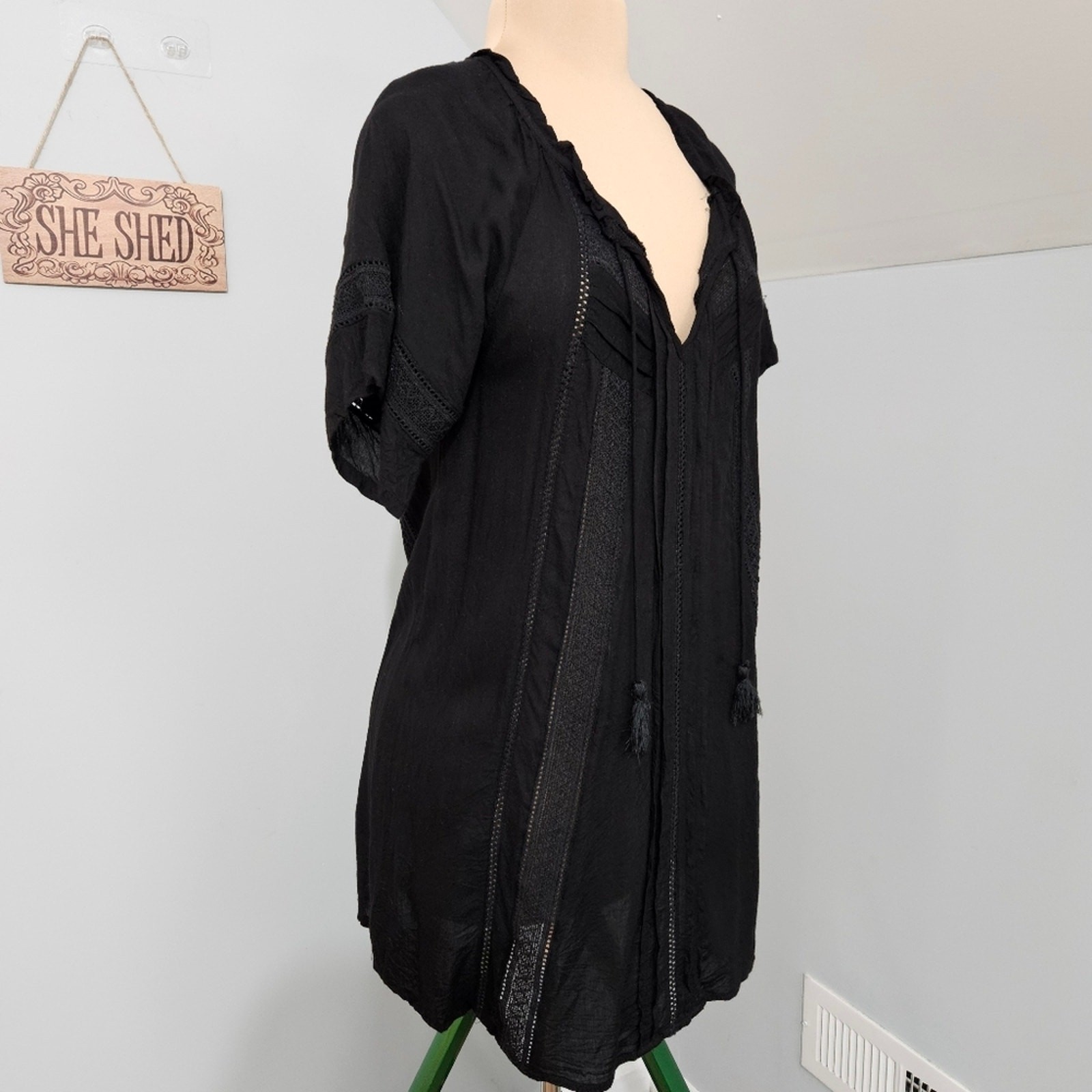Lagaci Black Boho Embroidered Rayon Tunic Dress Peasant V Neck L Boho Gothcore