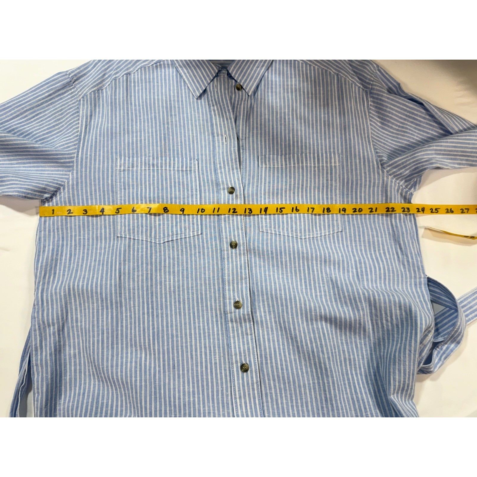 H&M Light Blue White Striped Button Down Midi Shirt Dress with Tie Waist Belt