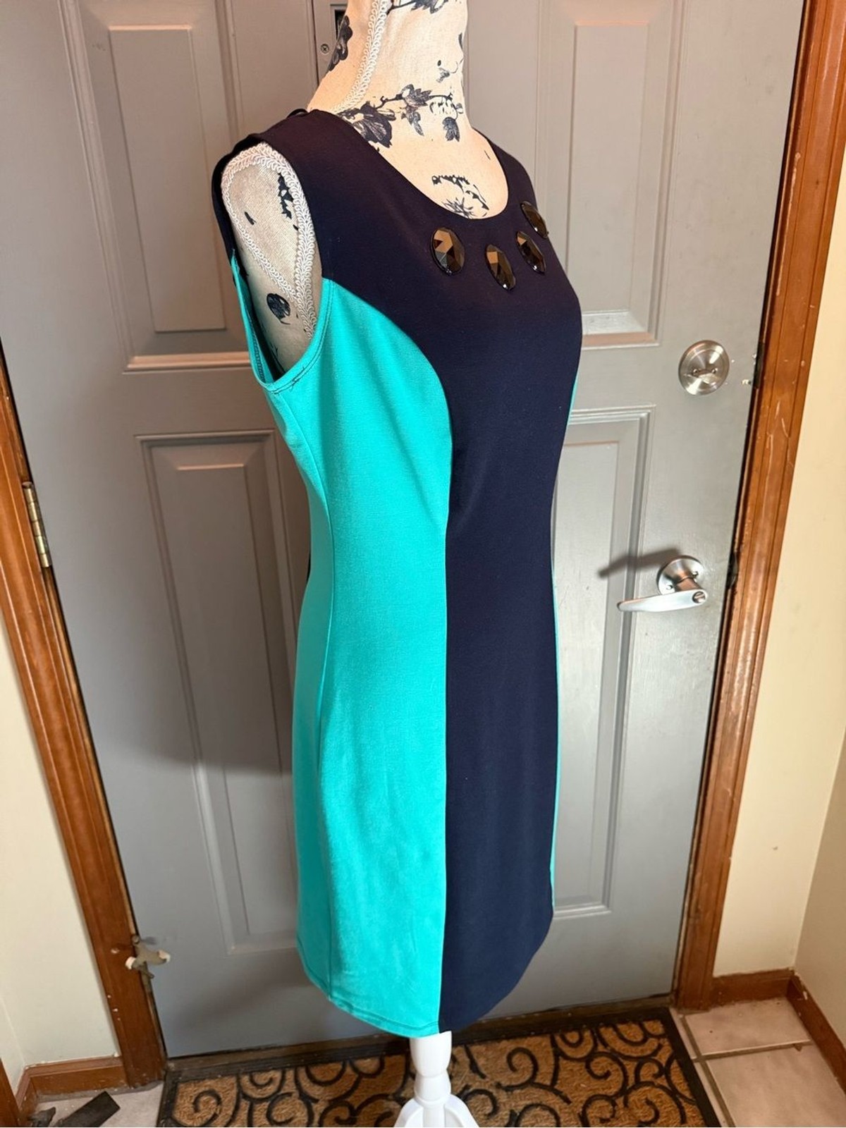 Enfocus Studio-Navy and Teal Jewel-Accent Sheath Midi Dress-slimming!