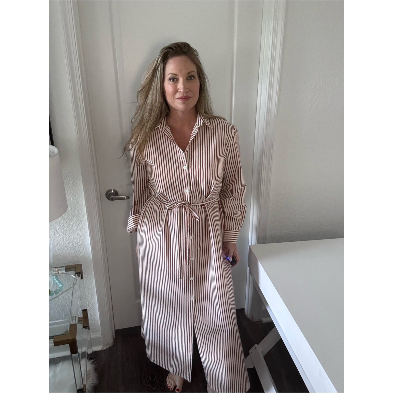 LOFT Factory Striped Maxi Shirt Dress in White and Brown
