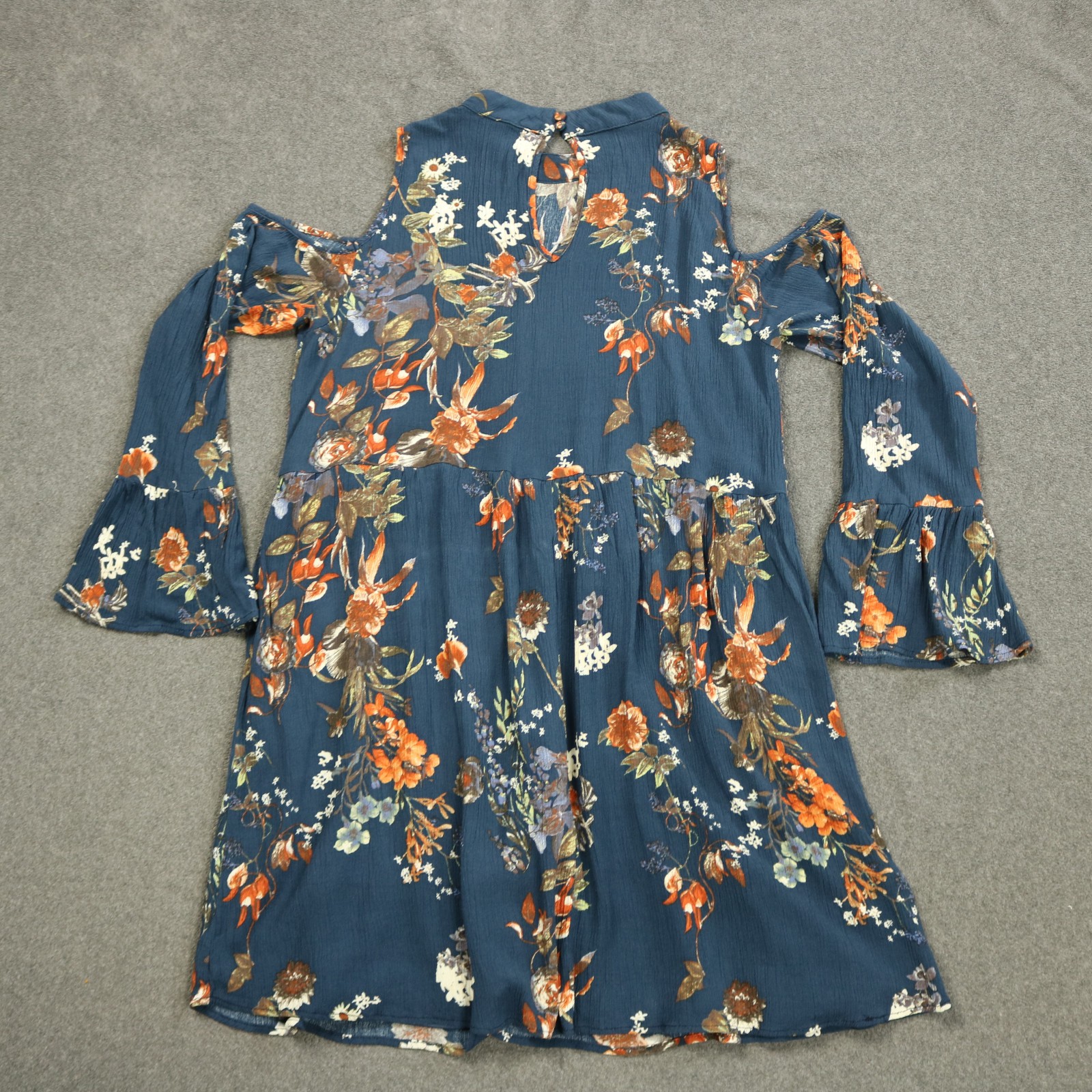 Altar’d State Floral Cold Shoulder Mini Dress Button Neck Bell Sleeve Blue L