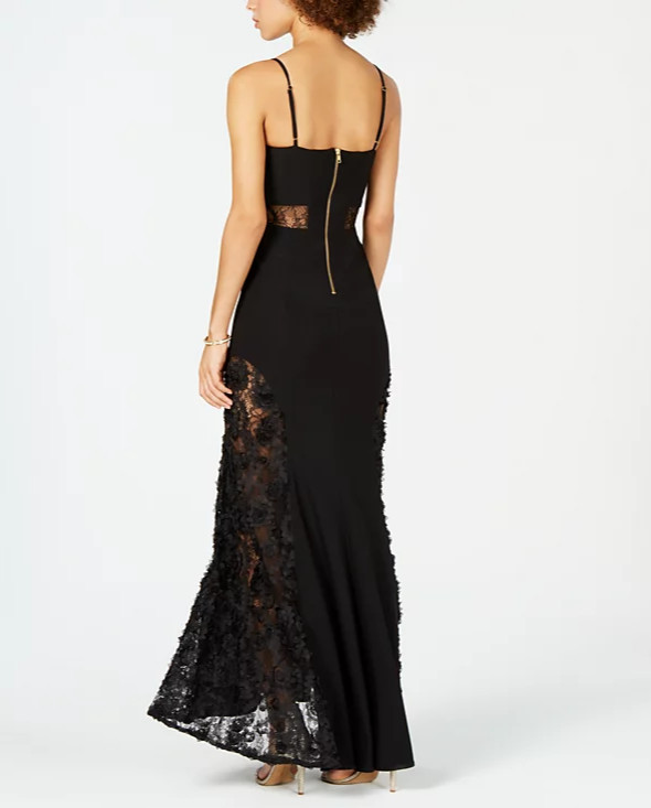 BETSY & ADAM Petite Adjustable Strap Sheer Lace Contrast V-Neck Trumpet Gown, 2P