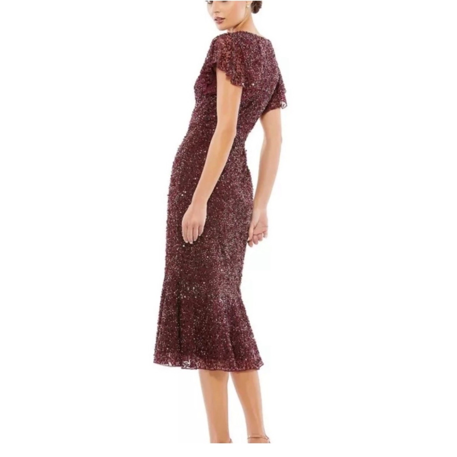Mac Duggal 10801 Garnet Sequin Flutter Sleeve Midi Dress, NEW, Size 2 MSRP $398