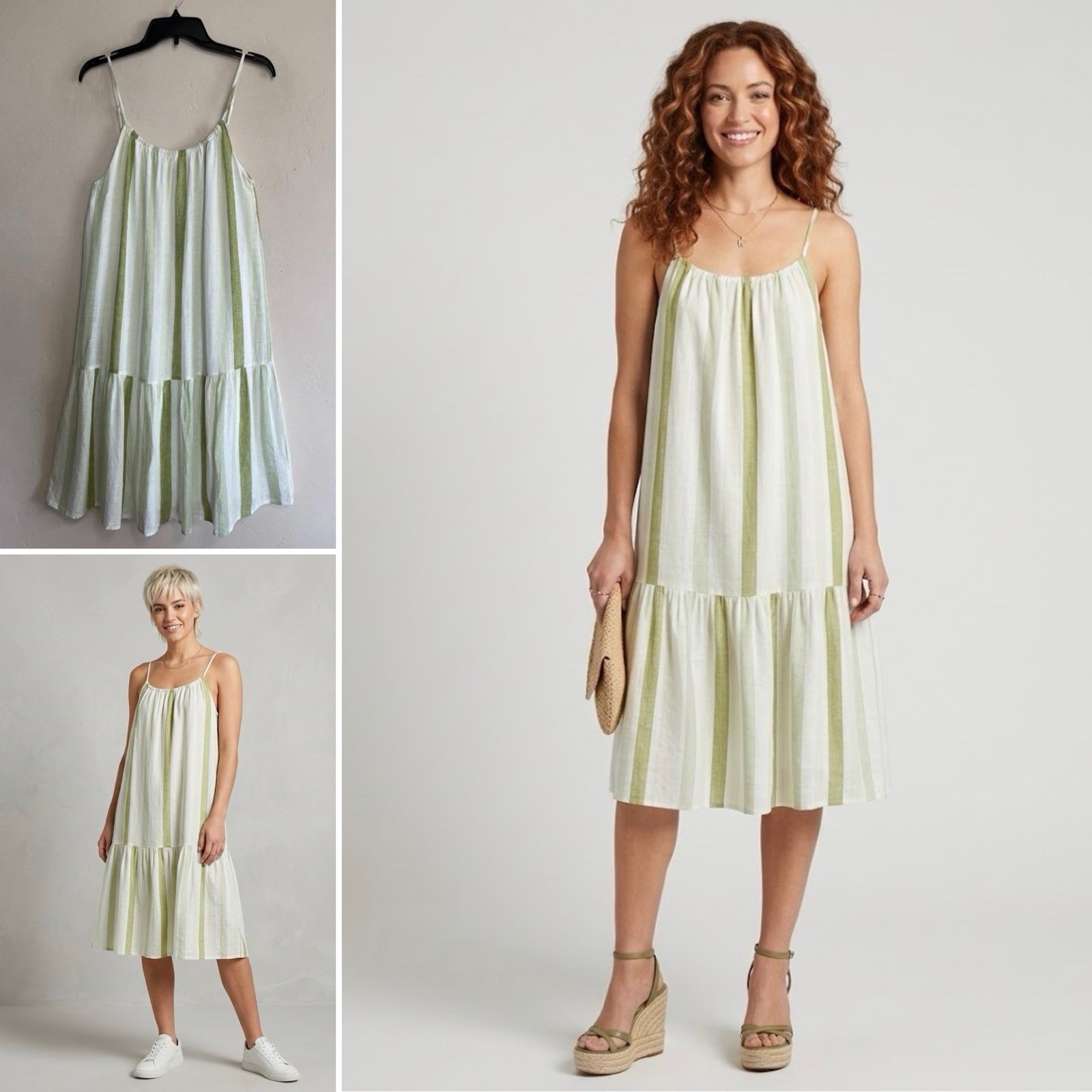 Velvet Heart Green Stripe Linen Blend Tiered Boho Midi Sundress XS S/M? Beach