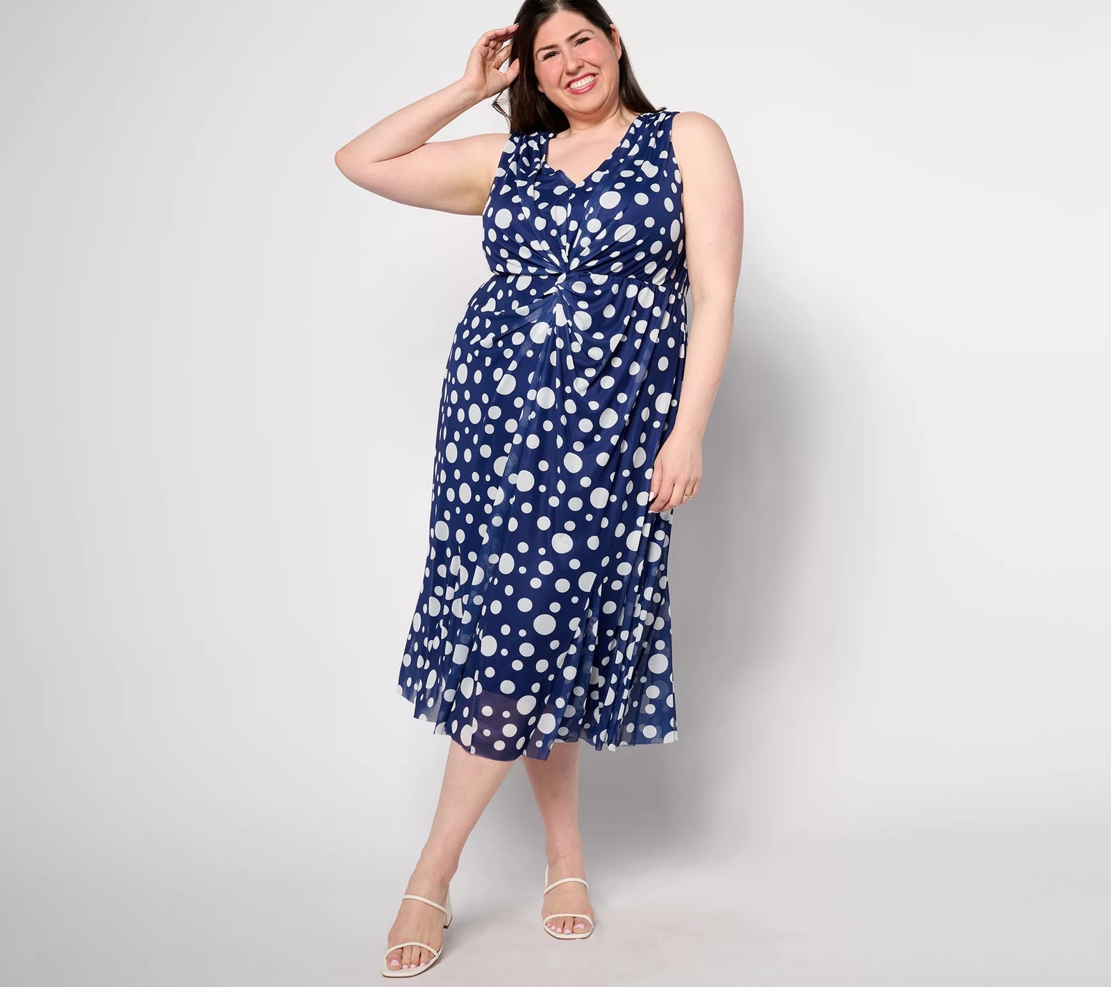 Isaac Mizrahi Live! Regular Always Isaac Twist Front Mesh Midi Dress Navy Dot 1X