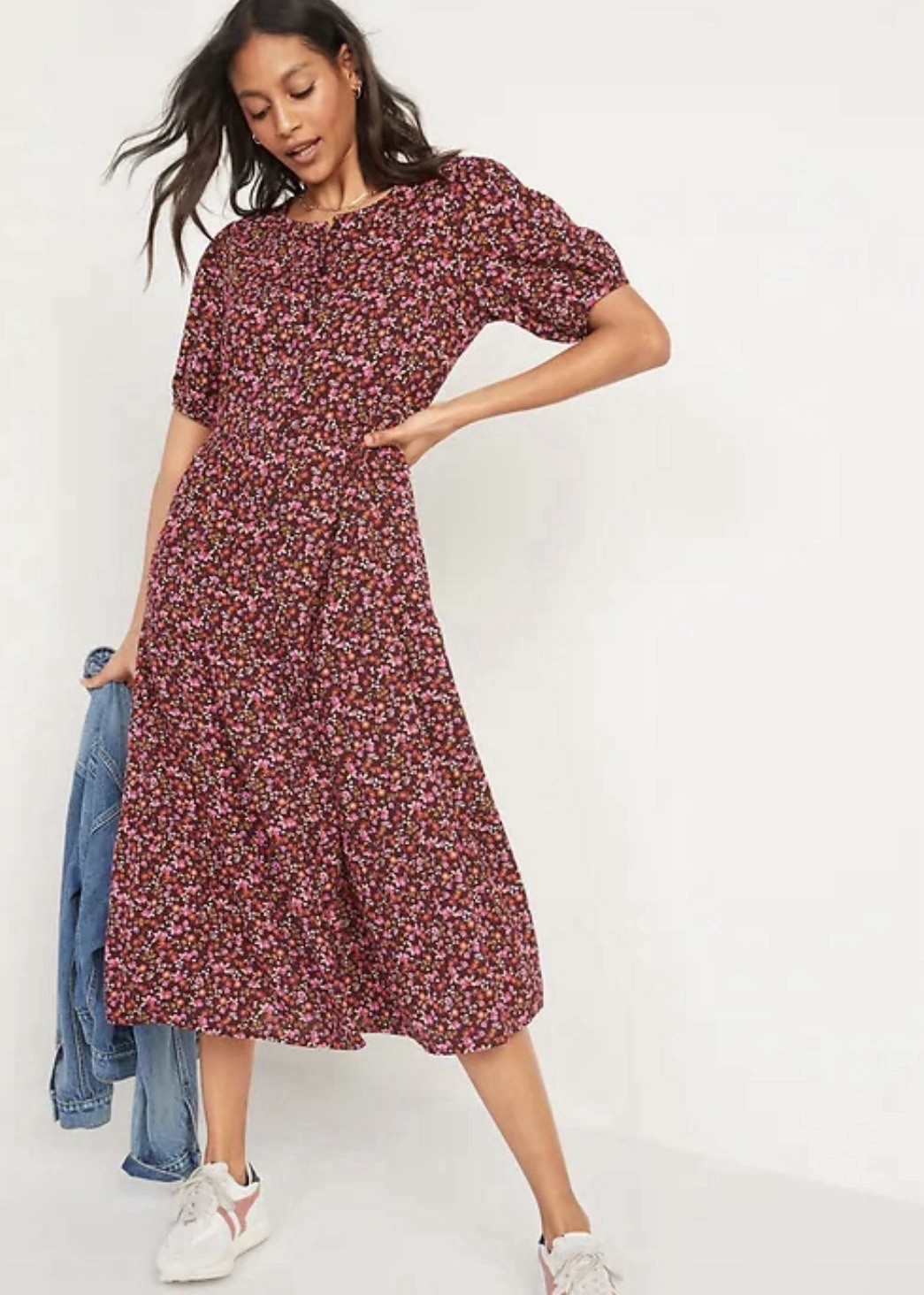 Old Navy Burgundy Floral Round Neck Puff Short Sleeve Button Front Midi XL
