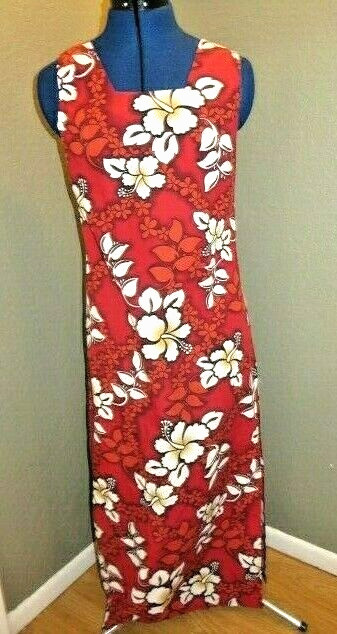 Evergreen Island Maxi Dress Hostess Hawaiian Red Floral Tiki Rockabilly Small