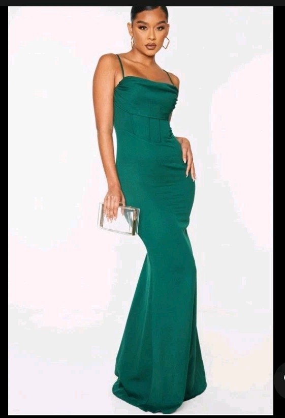 PRETTY LITTLE THING Emerald Green Corset Draped Bridesmaid Dress Size 4 US NWT