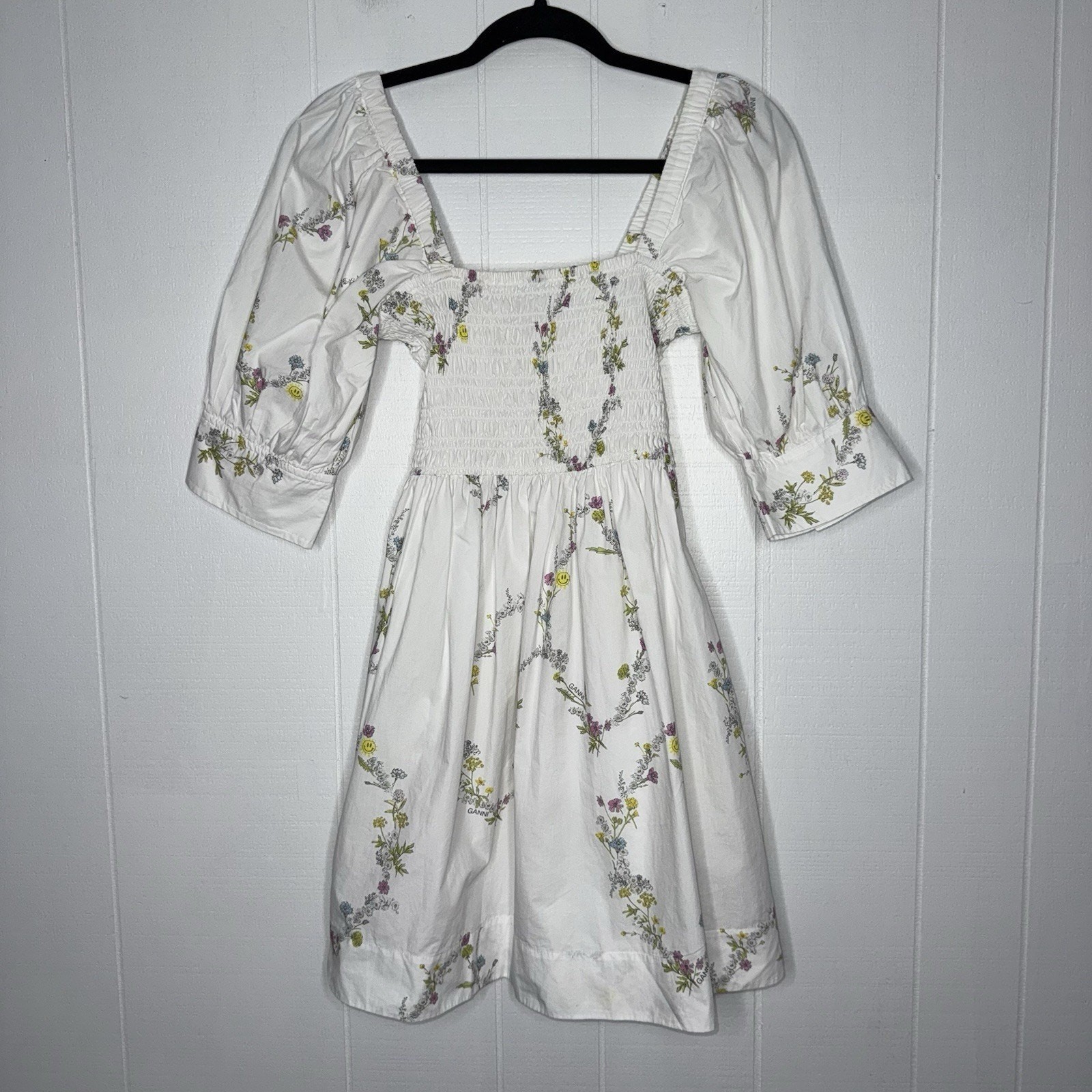 GANNI Women’s Poplin Floral Smocked Puffed-Sleeve Mini Dress White Size 34 XS