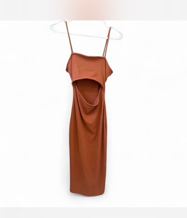 Women’s Brown Knit Square Neck Strappy Sleeveless Bodycon Midi Dress M