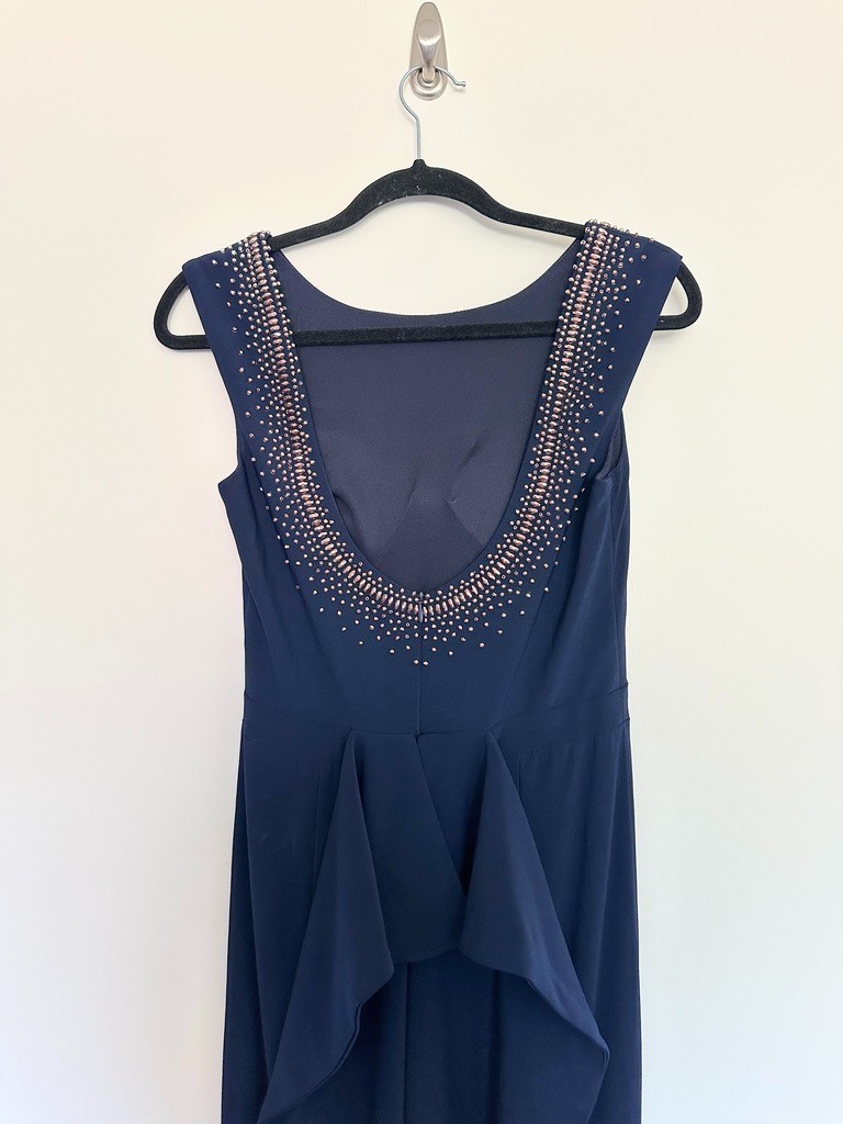 Xscape Beaded Ruffle Trumpet Hem Gown Navy Blue Mother of Bride Plunge Women’s 6